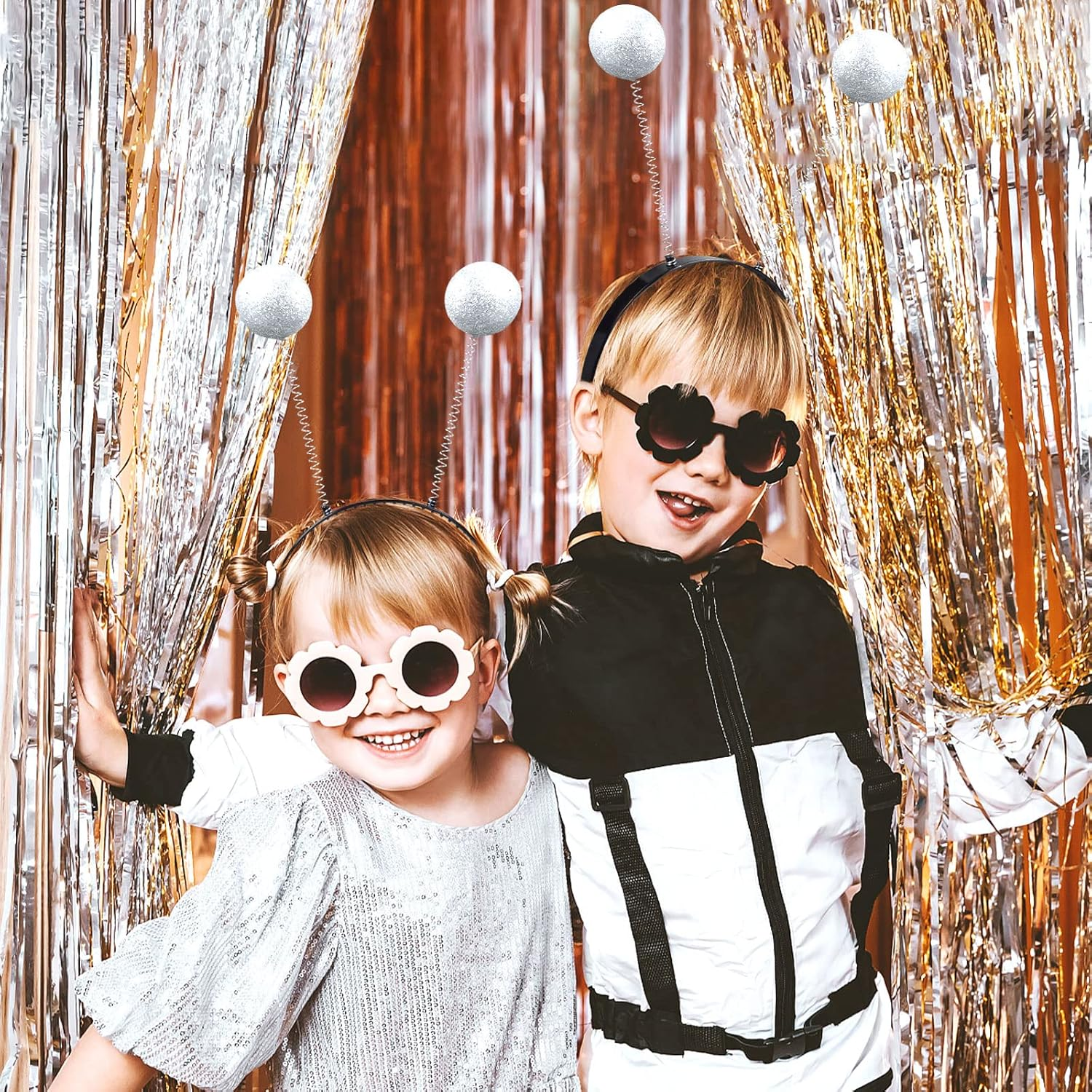 2PCS Silver Martian Antenna Headband Alien Headband Boppers Ball & 2PCS Silver Holographic Chunky Glitter Costume Accessory Party Favors for Themed Parties image number 4