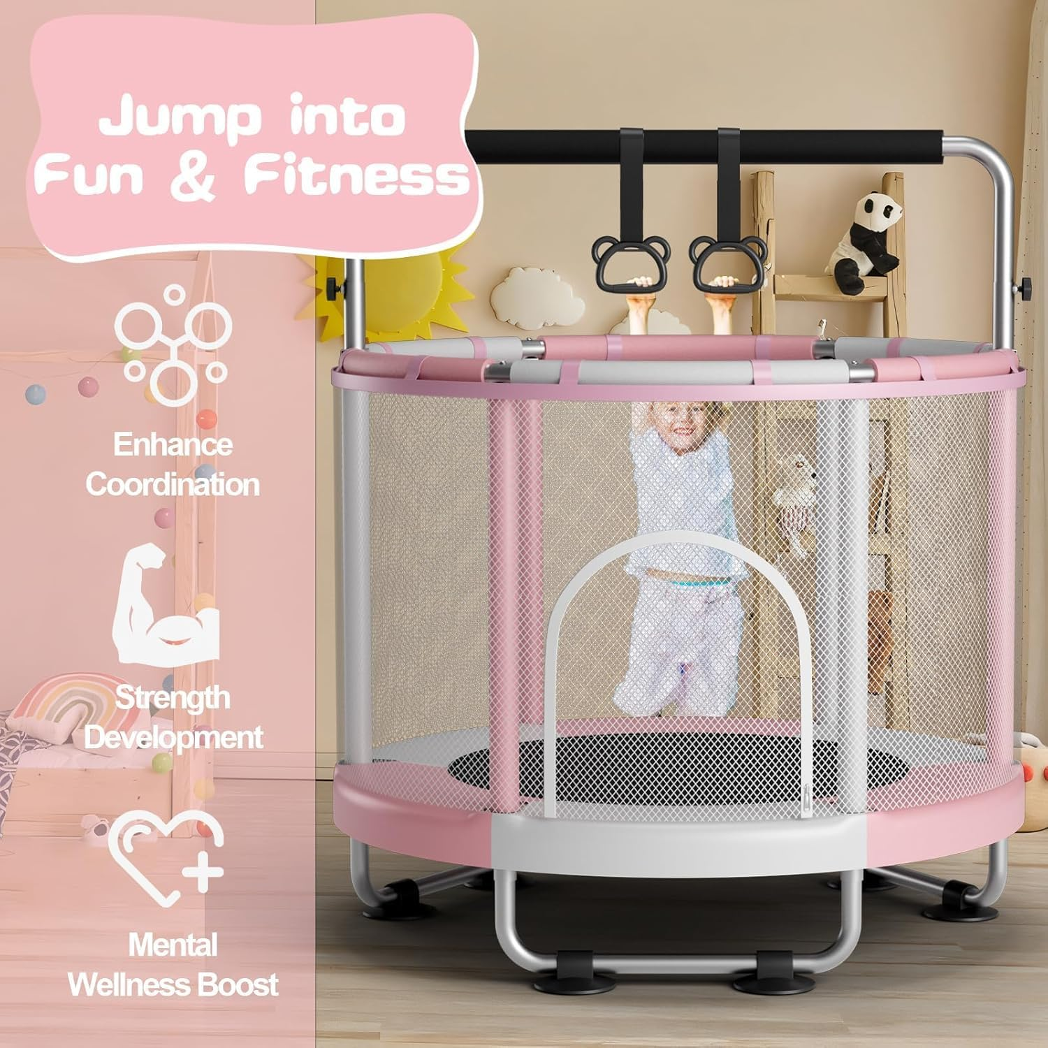 60" Trampoline for Kids with Enclosure, 440Lbs Capacity Indoor & Outdoor Toddler Trampoline with Adjustable Gymnastics Bar & Toys, for Boys & Girls - Pink image number 1