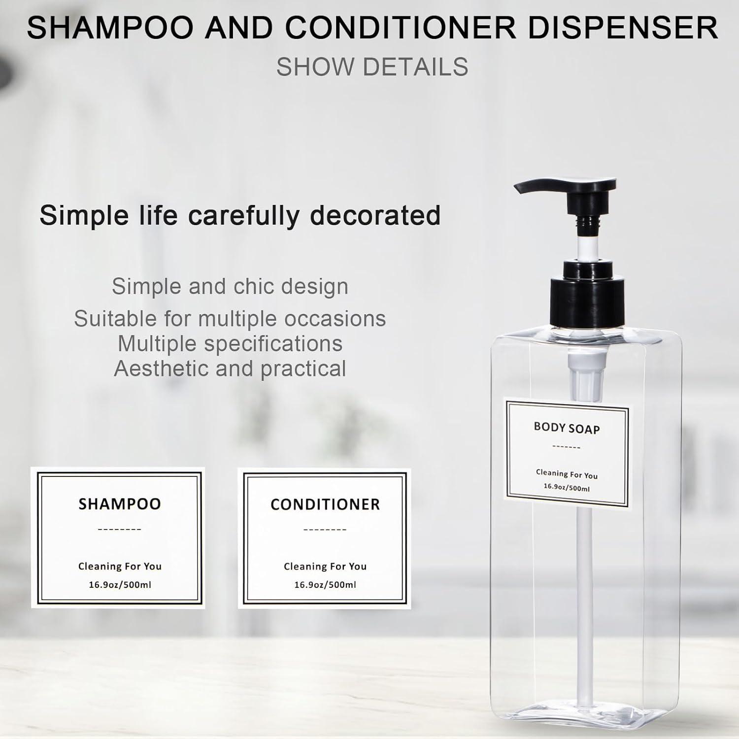 Yeeco Plastic Shampoo and Conditioner Dispenser - Refillable Pump Bottles, 16.9Oz/500Ml, 3 Packs for Bathroom, Kitchen, Hotel - Clear Blue image number 1