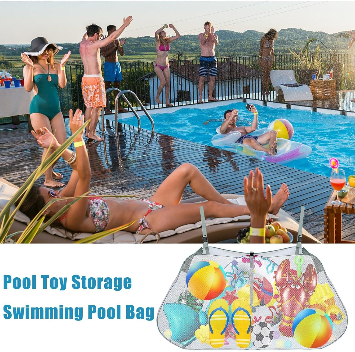 Pool Storage Organiser - Large Capacity Pool Storage Bag for Pool Toys | Swimming Pool Storage Bag for Toys, Foldable for Carrying Football, Ba - Gray image number 3