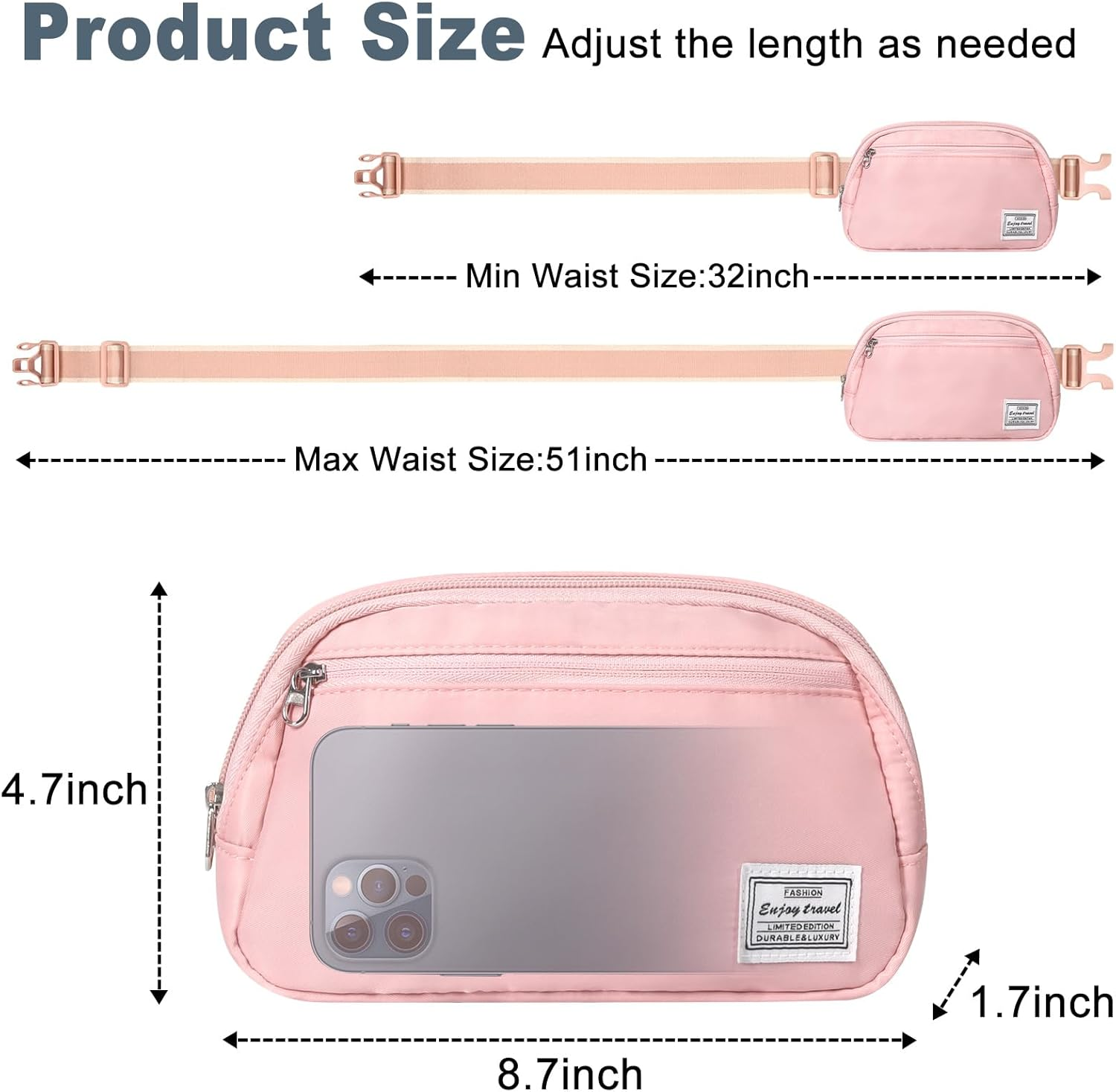 Dmluna Small Crossbody Bags for Women Trendy, Lightweight Waist Pack for Women & Men, Mini Belt Bag, Waist Bag with Adjustable Strap for Running Workout Traveling, Rose Gold image number 6