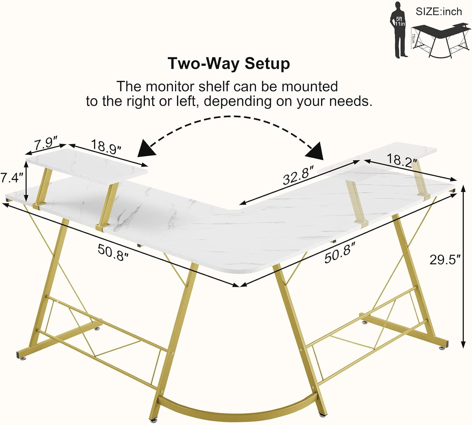 Mr Ironstone L Shaped Desk Computer Corner Desk, Home Gaming Desk, Office Writing Workstation with Large Monitor Stand, Easy to Assemble (White,51 Inch) - Black image number 3