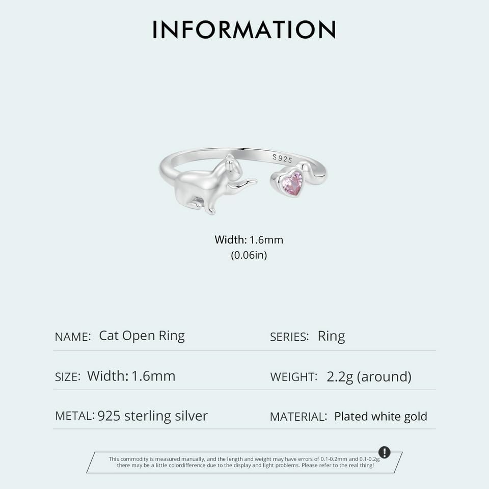 Cat Ring Adjustable Rings for Women, 925 Sterling Silver Heart Promise Open Hug Rings Jewelry for Girls image number 4