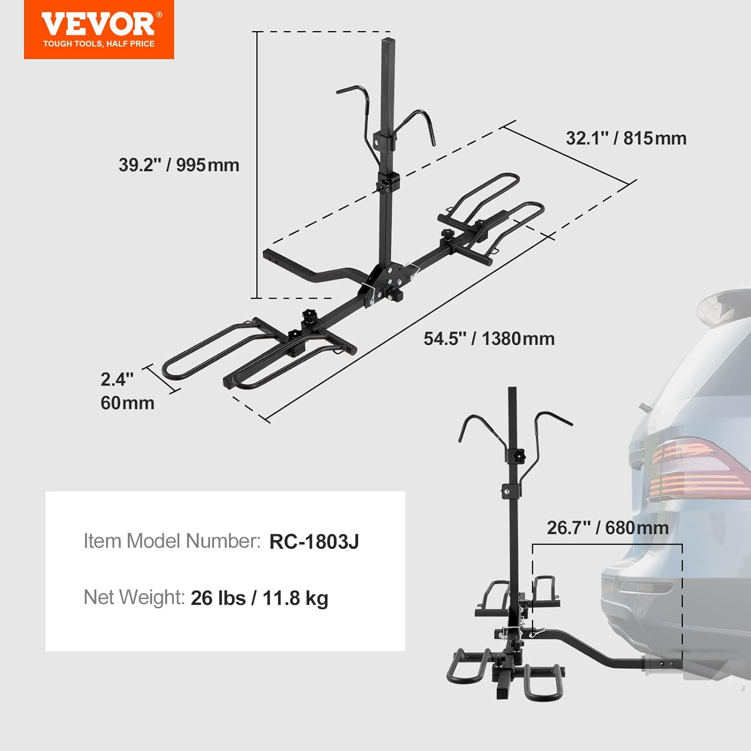 VEVOR Hitch Mount Bike Rack, 80 LBS Capacity Ebike Rack, 2-Bike Platform Style for 1.25-/2-Inch Hitch Receiver, Titling and Folding Bike Carrier with Tires up to 2.4" Wide, for Car, SUV, Truck, RV image number 5