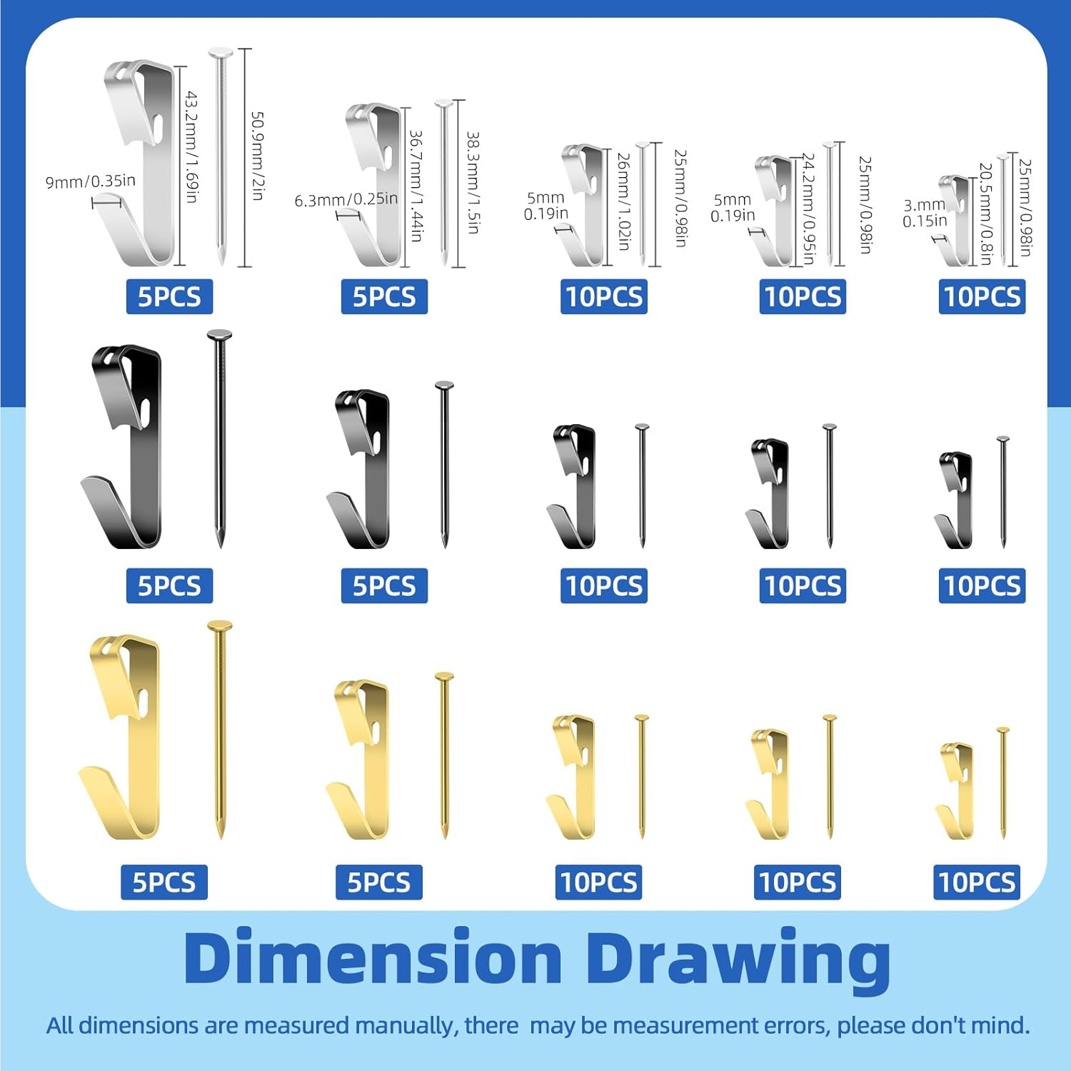 Glarks 120Pcs 10Lb/20Lb/30Lb/50Lb/100Lb Picture Hangers Hooks with Nails Kit, Gold Black Silver Picture Photo Hanging Hooks with Nails, Picture Hanging Kit for Frame, Painting, Art, Photo - Black image number 2