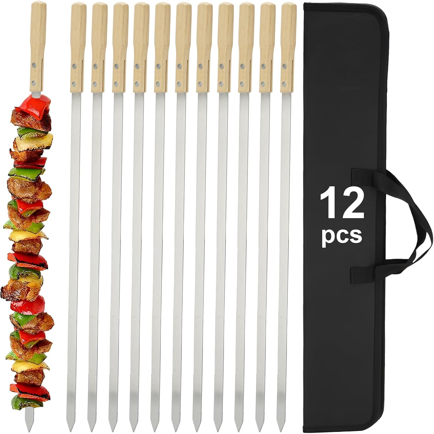 Professional Kabob Skewers, 23 Inch Heavy Duty Large Wide Reusable BBQ Barbecue Skewers, Stainless Steel Sticks with Nonslip Wooden (Flat-12 Pcs)