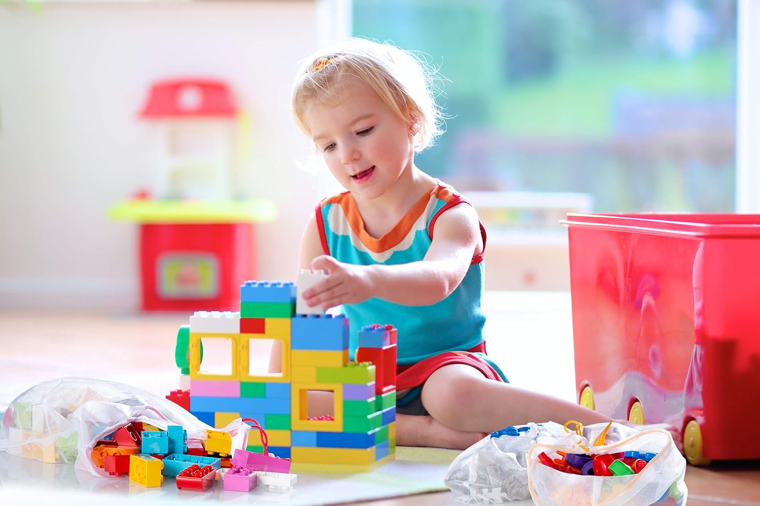 Toy Storage & Organization Mesh Bags Set of 12 Eco Friendly Washable Mesh Bags & Color Coded Drawstrings by Size S, M, L. Playroom Organization, Baby Toys, Game Pieces, Toy Sets, Bathtub Toys