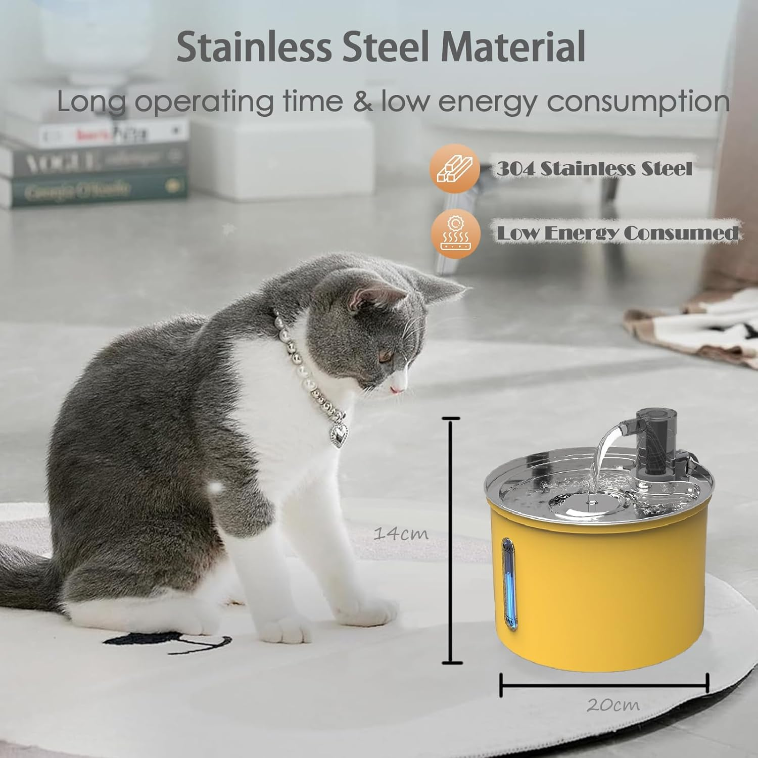 Cat Water Fountain Stainless Steel, 3L/101Oz Pet Water Fountain for Cats Indoor, Super Silent Automatic Cat Drinking Fountain，Yellow image number 2