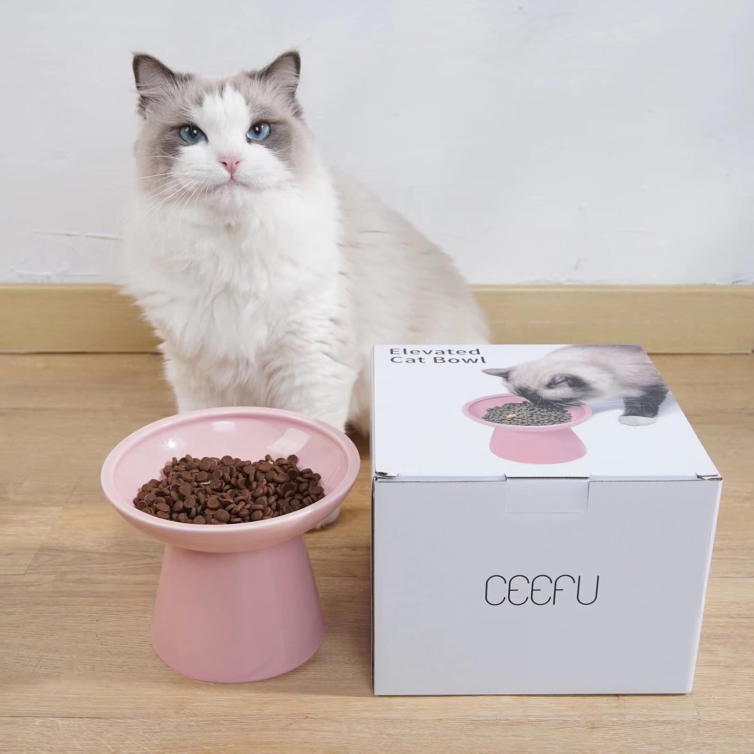 Extra Wide Elevated Cat Bowls - Ceramic Food Bowl 6.2" Raised, Shallow Dish for Whisker Fatigue, Lead & Cadmium Free, 5" Good Height for Feeding - Pink - Blue image number 4