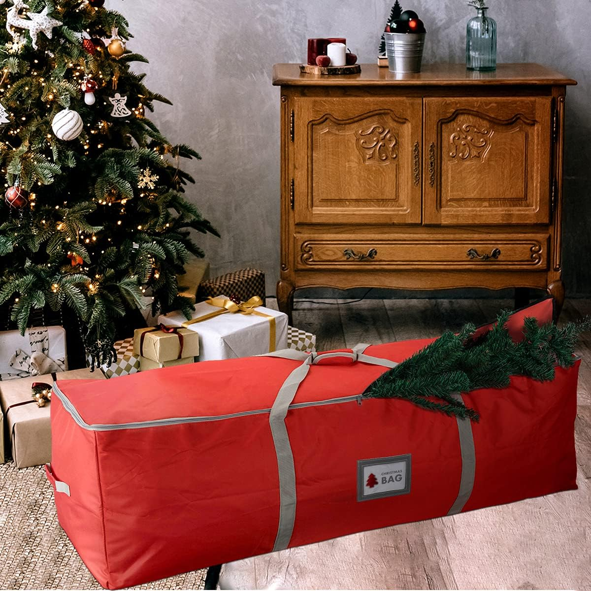 Heavy Duty Oxford Christmas Tree Storage Bag with Extra Padded Handles| Waterproof Oxford Artificial Tree Storage Bag | 51" L X 16" W X 16" H, ID Card Included (Red) - Black image number 5
