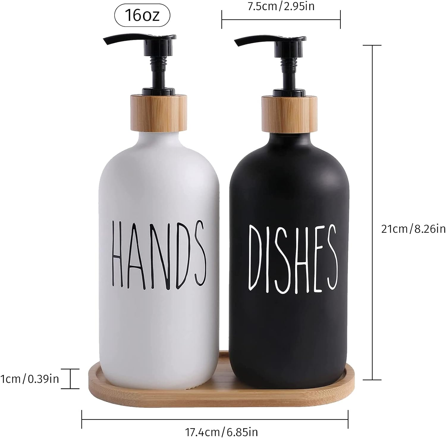 Soap Dispenser Glass 2-Set, 500Ml Shampoo Lotion Hand Soap Dispenser for Kitchen Worktop, Contains Wooden Tray and Pump Conditioner Dispenser- White+Black image number 5