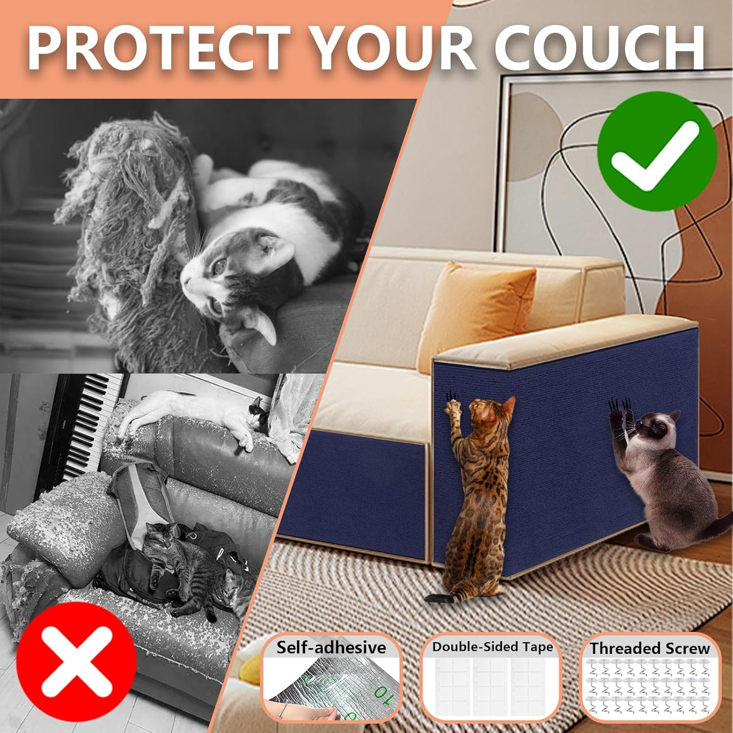 Cat Scratch Furniture Protector, 78.7"X15.8" Large Self-Adhesive Mat, Trimmable Scratch-Resistant Carpet for Sofa, Wall, Cat Tree & Door Protection, Durable Indoor Cat Scratcher (Dark Blue) image number 1