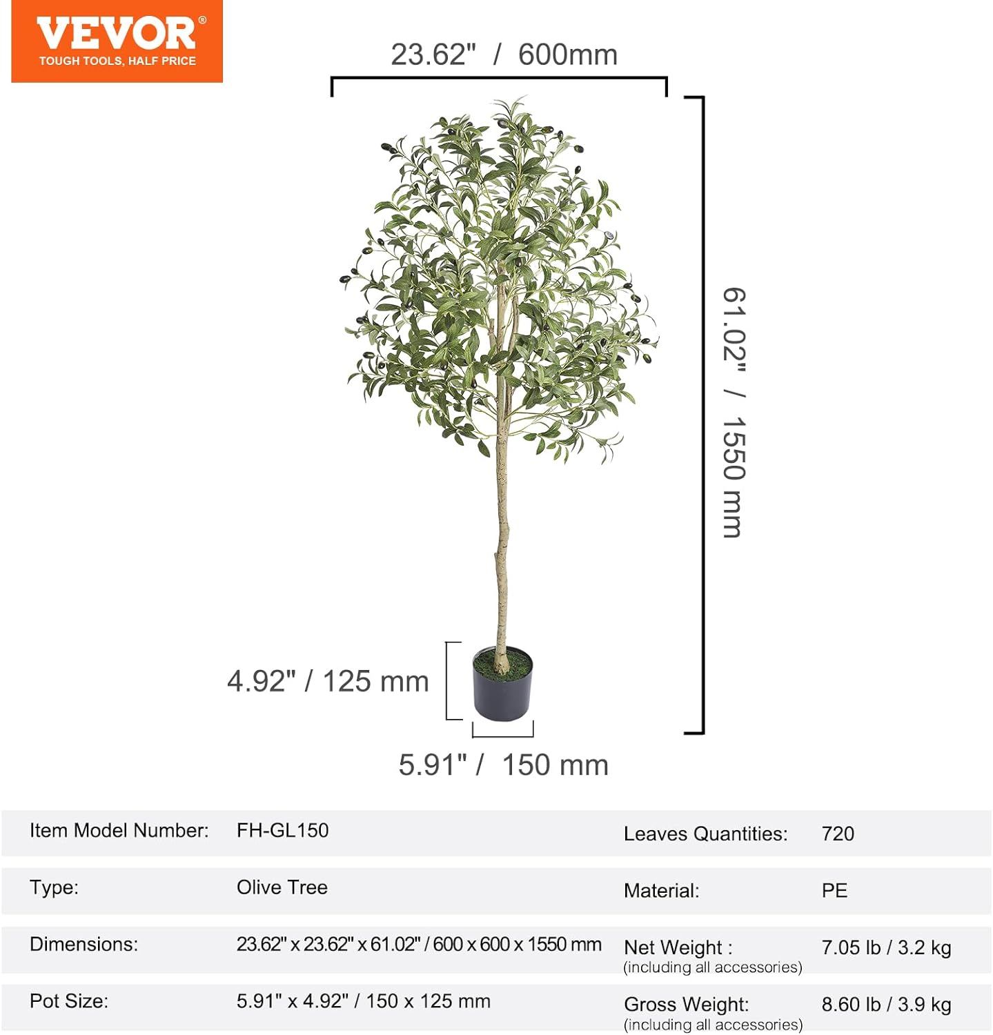 VEVOR Artificial Olive Tree, 5Ft/155Cm Tall, Secure PE Material & Anti-Tip Tilt Protection Low-Maintenance Plant, Lifelike Green Fake Potted Tree for Home Office Warehouse Decor Indoor Outdoor image number 3