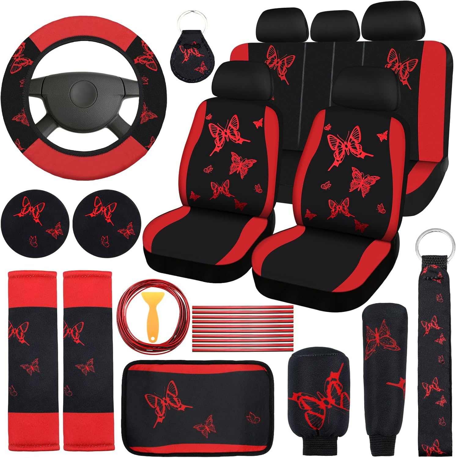 BBTO 43 Pcs Butterfly Car Seat Full Set Butterfly Car Accessories for Women 5 Front Rear Seat Covers Wrist Strap 2 Pieces Cup Mat Armrest Pad 2 Seat Belt Cover Accessories for SUV Car (Red, Black) - Blue, Black image number 4
