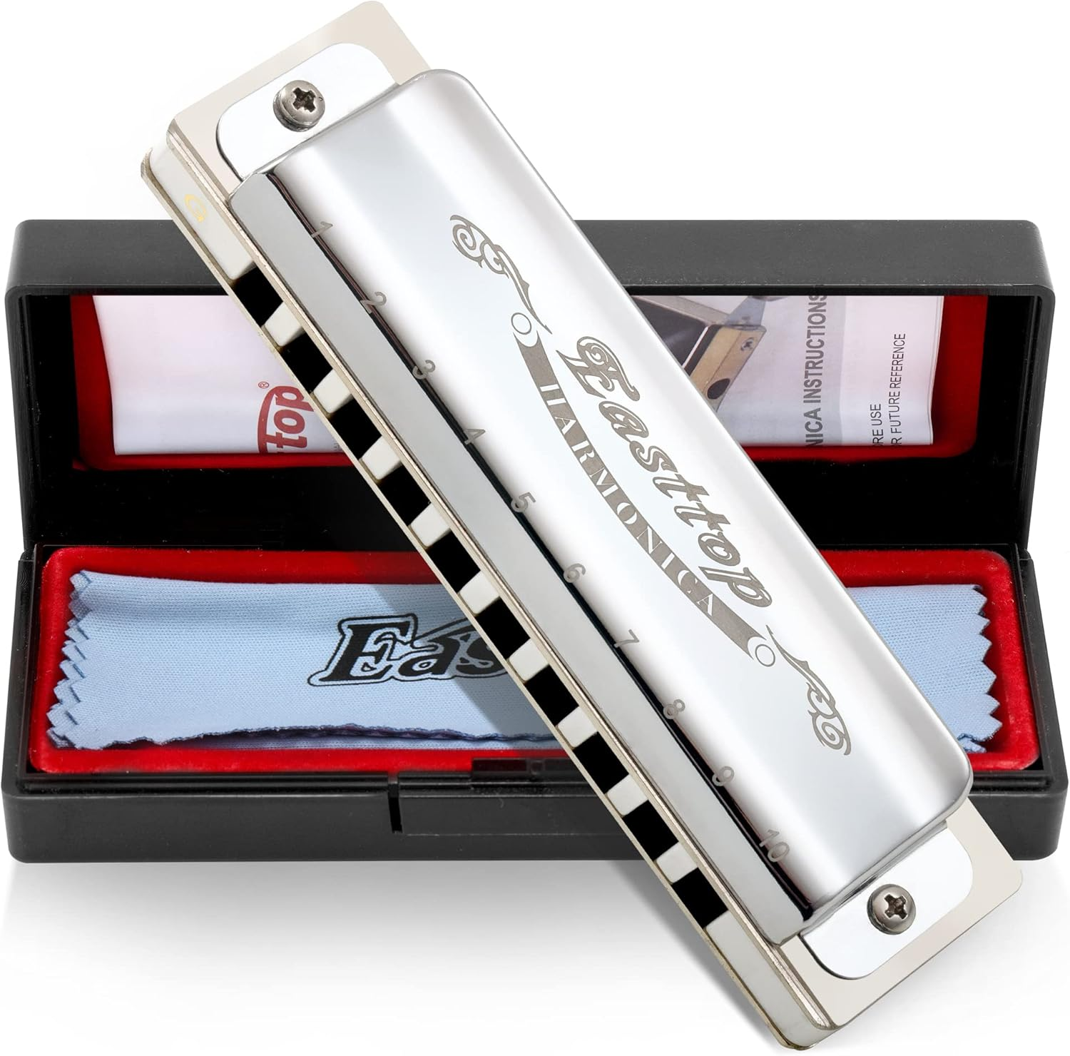 East Top Harmonica Key of C, Silver 10 Holes Diatonic T008 Harp Mouth Organ Harmonica for Adults,Professionals, Beginner, Students and Kids