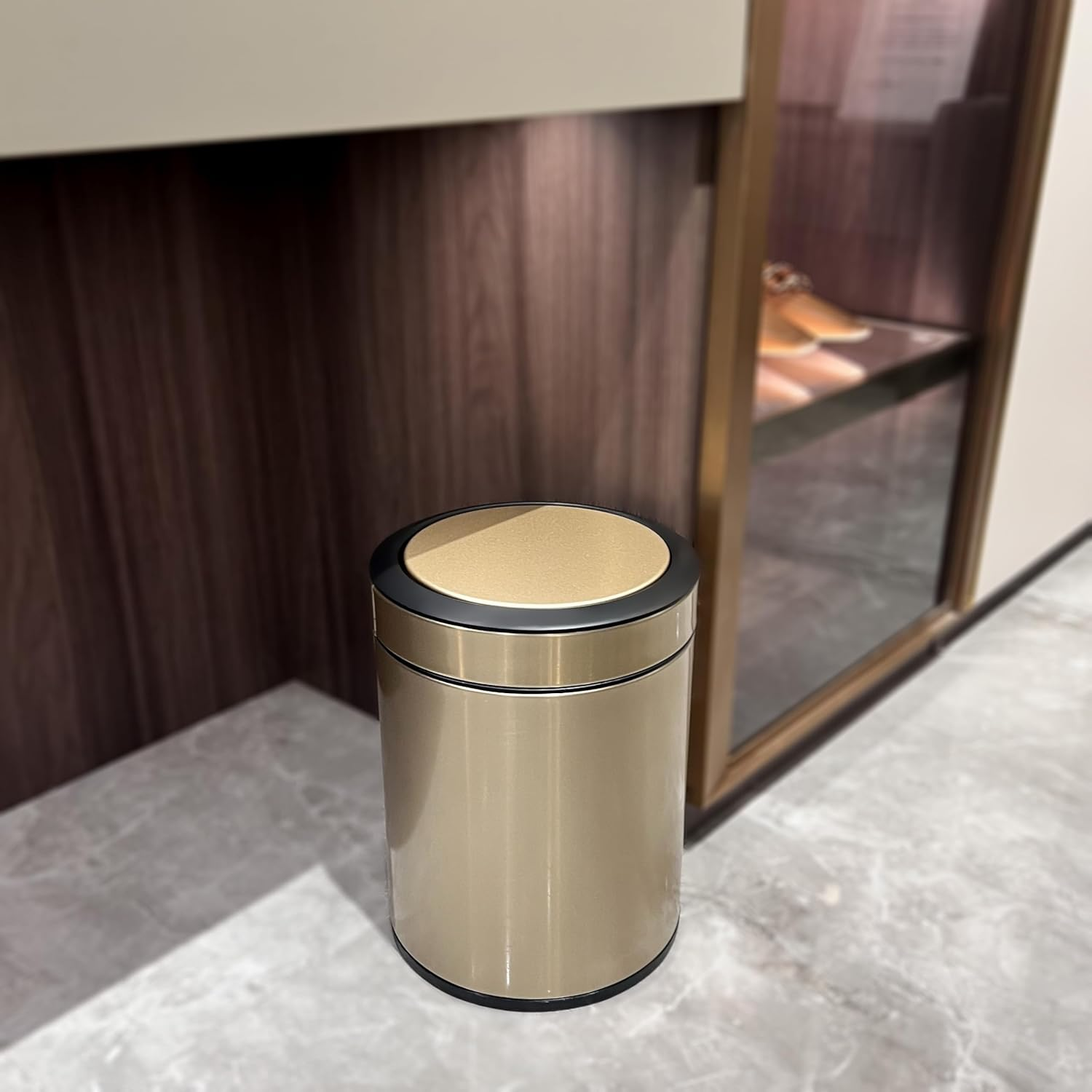 Kingsuns Luxury Hotel Dustbin with Lid Stainless Steel 8 Liter Small Trash Can Cylindrical Golden Color Fashion for Office, Living Room, Bedroom, Restroom, Beauty Salon, DB736B image number 4