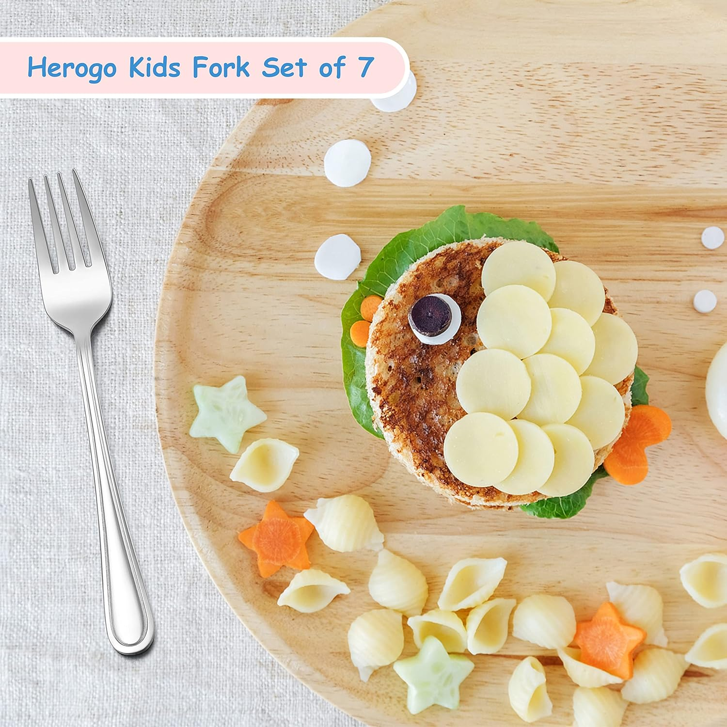 Herogo Toddler Fork Set, 7-Piece Stainless Steel Children Kids Forks Set with Blue Storage Case, Portable Kids Cutlery Set for Kindergarten, School, Travel, Barbecue, Child Friendly & Dishwasher Safe