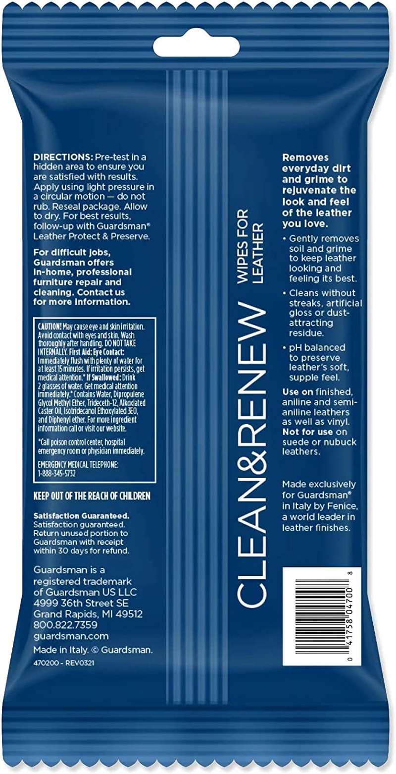 Guardsman Clean and Renew Leather Protector for Leather Furniture & Car Interiors | Small Leather Goods and Leather Shoe Cleaner, Wipes 20 Count