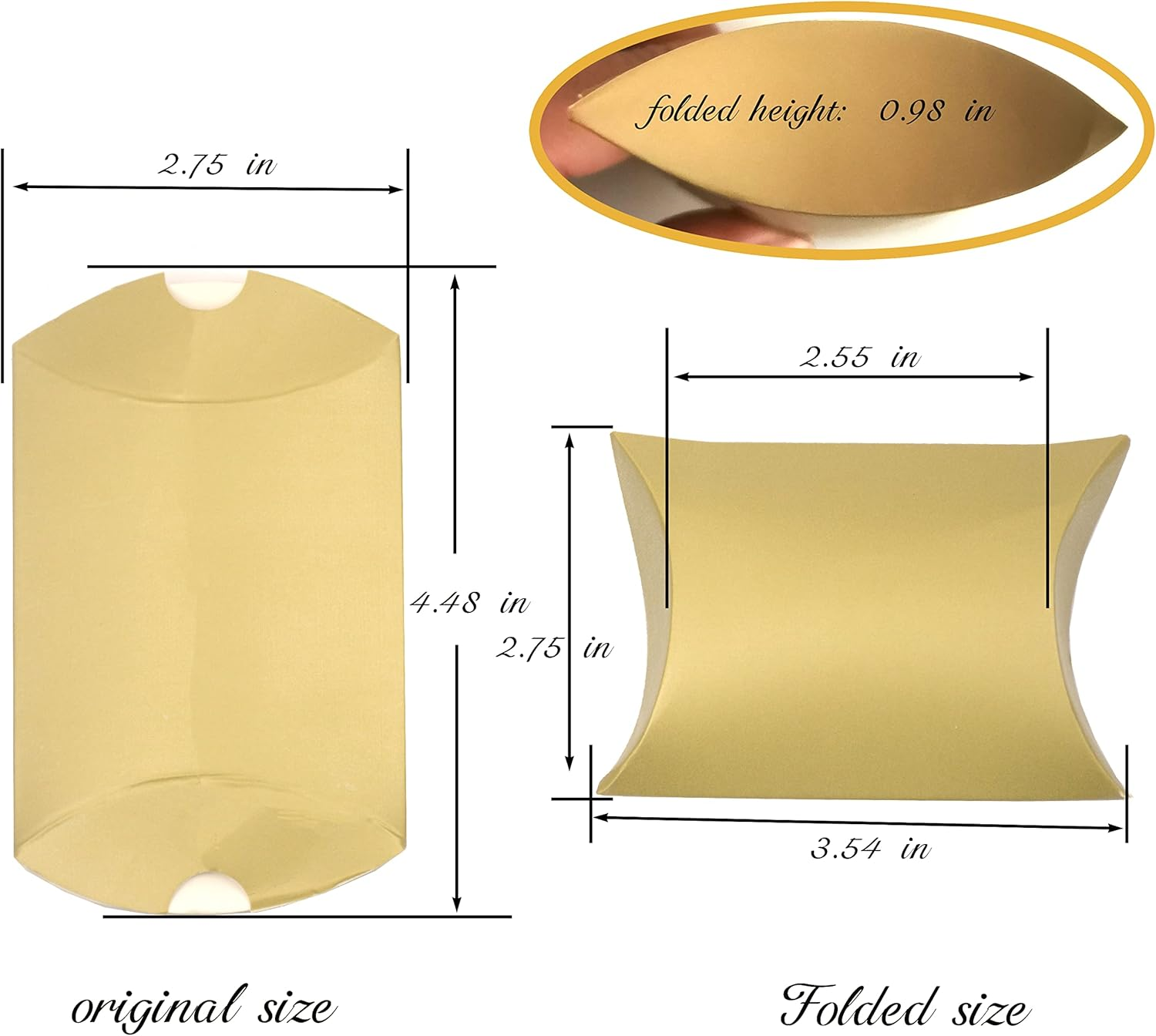 Aokbean 100 Pack Mini Pillow Candy Box Small Gift Boxes with 50 Yards Ribbon for Christmas Wedding Party Favor Gift, Jewelry or Soap Packaging (Gold) - Gold image number 4