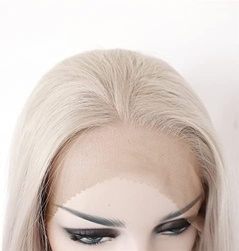 Xiweiya Long Silver Blonde Lace Front Wigs Light Silver Synthetic Lace Front Wig 13X3 Lace Silver Grey Wig Heat Resistant Fiber Half Hand Tied Middle Part for Women Drag Queen 24Inch image number 3