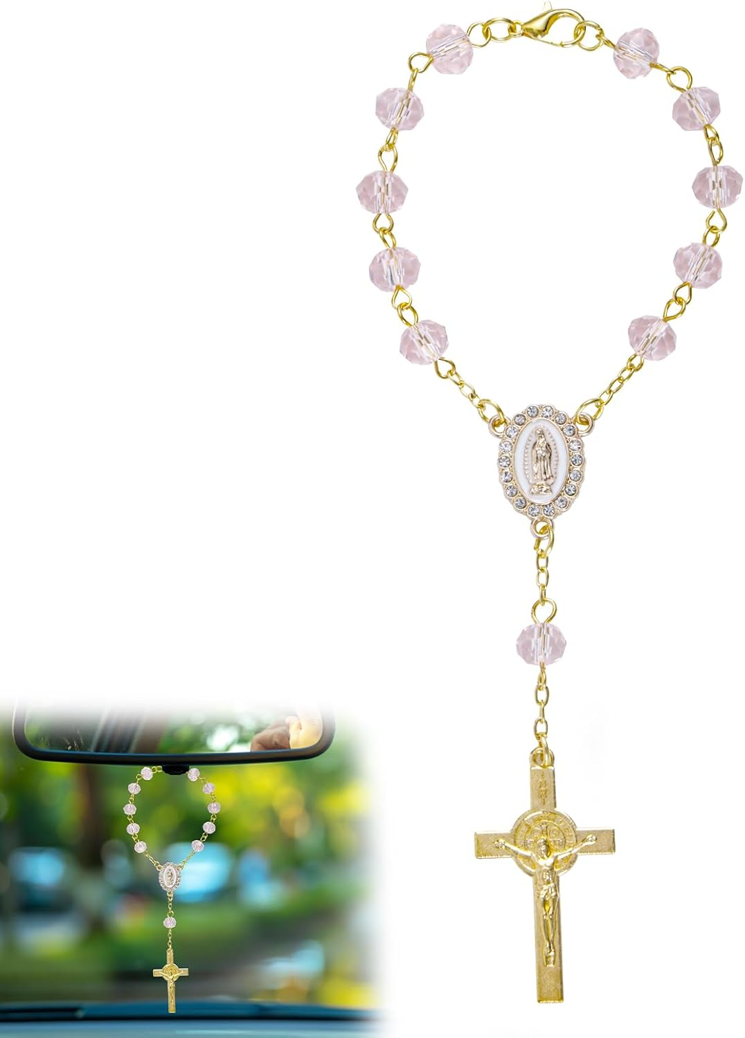 Car Rosary for Rearview Mirror, Car Rosary with Cross Pendant Religious Gift Catholic Hanging Accessory for Rear View Mirror image number 3