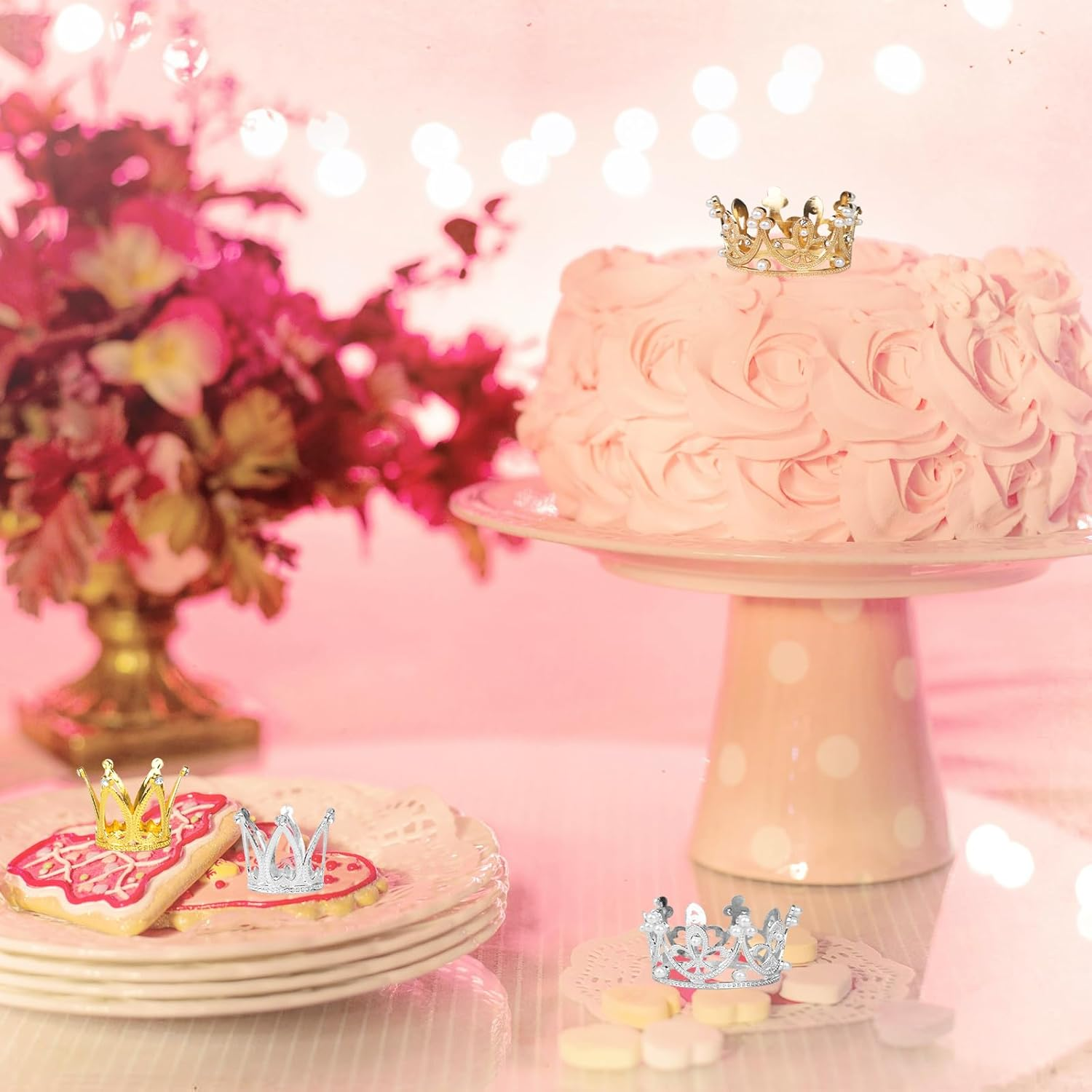 BLMHTWO 4 Pcs Gold Silver Crown Cake Topper - Small Queen Mini Tiara Princess Headpiece for Women Lady Girl Bridal Wedding Royal Themed Decor Birthday Party