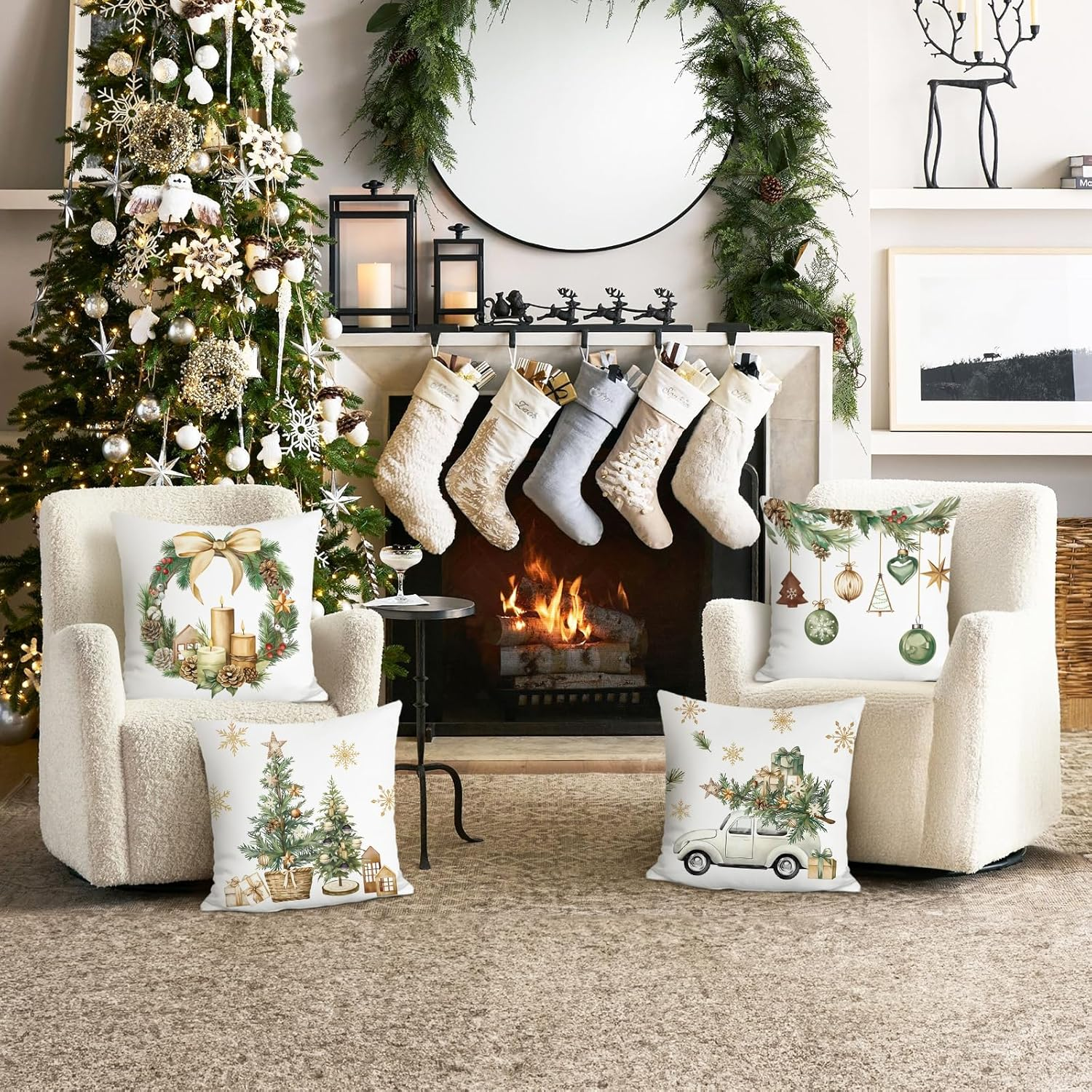 Bonhause Winter Christmas Cushion Covers 45 X 45 Cm Xmas Trees Balls Pine Leaves Cones Truck Decorative Throw Pillow Covers for Sofa Couch Bed Home Winter Holiday Decor Set of 4 image number 2