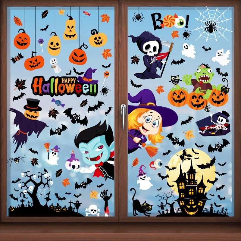 9 Sheets Halloween Window Clings, Scary Halloween Window Stickers, Removable Double Sided Halloween Window Decals for Glass Windows, Halloween Window Decorations Home Decor Halloween (A)