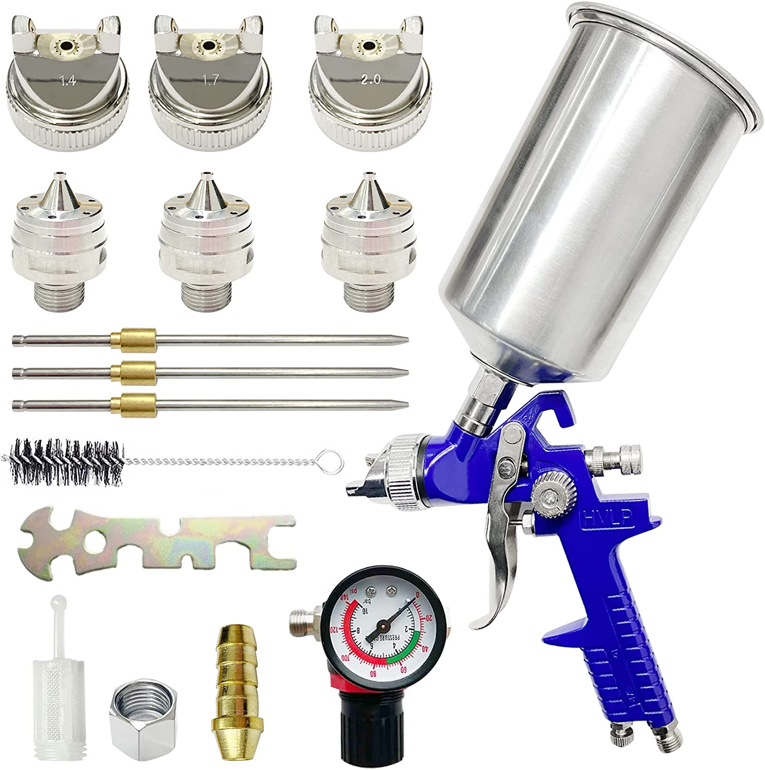 Automotive Paint Spray Gun Set, HVLP Gravity Feed Spray Gun with 1.4Mm 1.7Mm 2.0Mm Nozzles, Paint Gun with 1000Cc Aluminum Cup & Gauge for Auto Paint, Clear/Top Coat & Touch-Up (Blue-B)