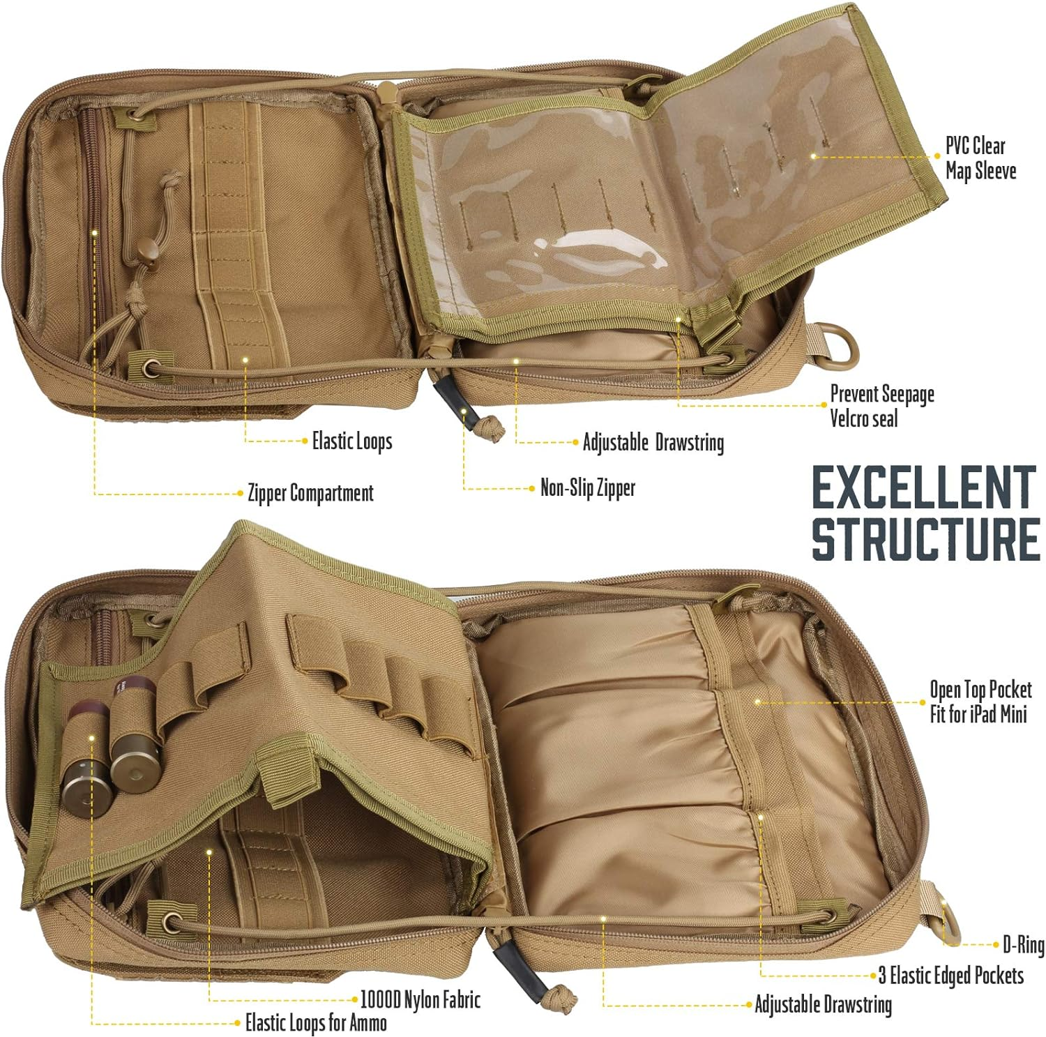 WYNEX Tactical Molle Admin Pouch of Tri-Fold Open Design, Molle Tool Pouch First Aid Pouch EDC Utility Pouches Tools Bag Molle Attachment Organizer Include U.S.A Flag Patch image number 6