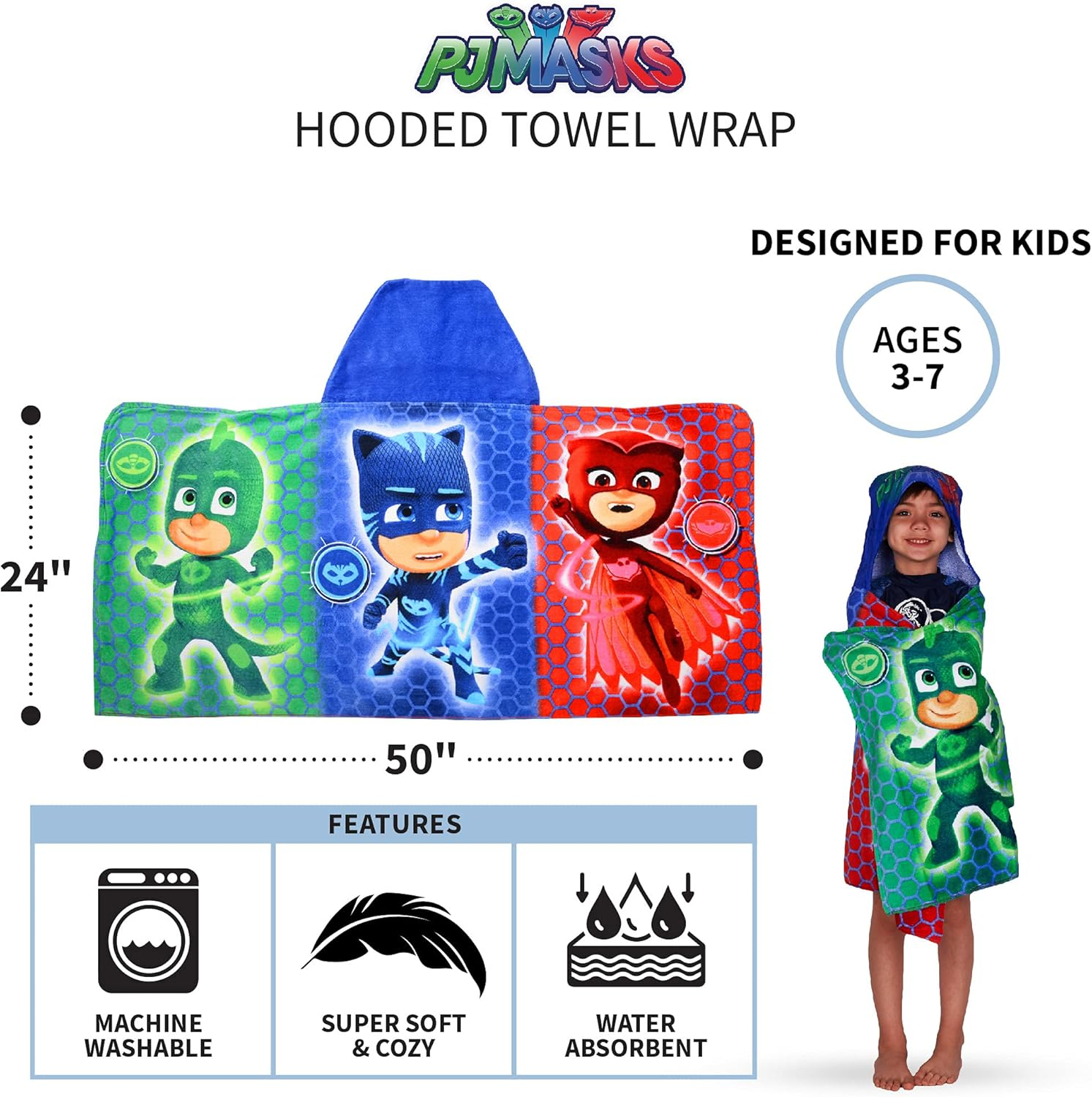 Franco PJ Masks Bath/Pool/Beach Soft Cotton Terry Hooded Towel Wrap, 24" X 50", by Kids