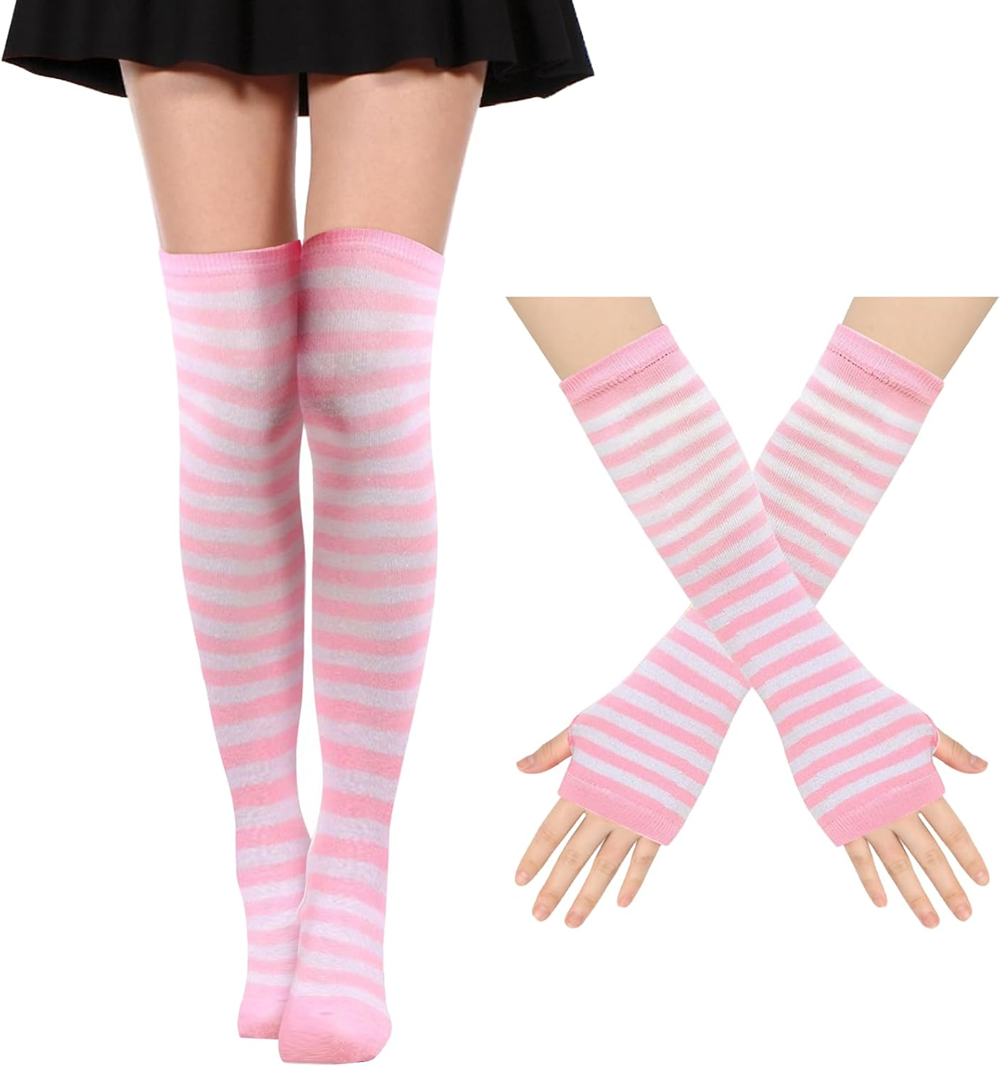 1 Thigh High Socks with 1 Fingerless Gloves,Cute Stripe Long Knee High Socks, Funny Soft Leg Warmers for Novelty Party Halloween Cosplay Stage