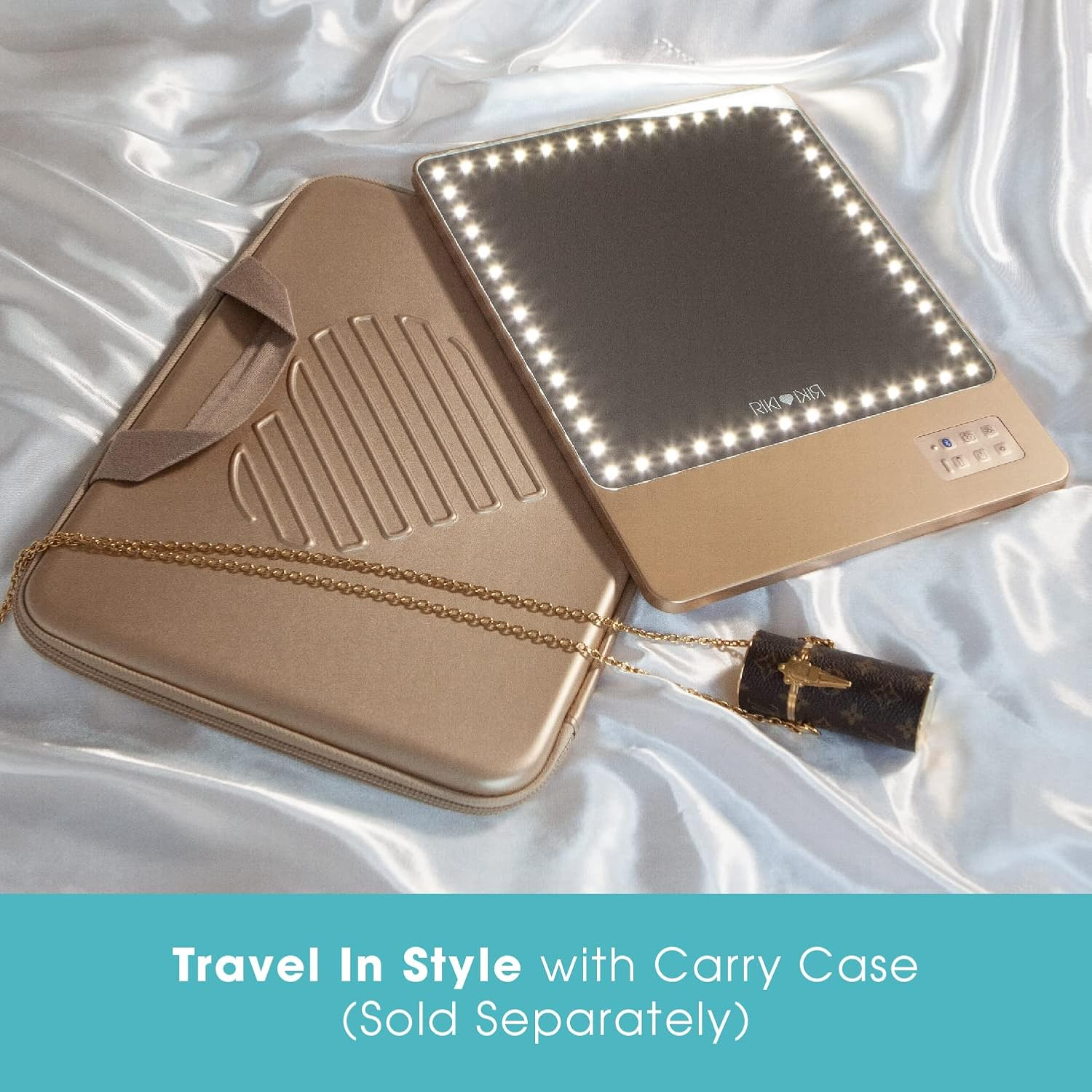 Riki Skinny Smart Vanity Mirror with HD Leds, Magnifying Mirror Attachment, Phone Holder and Bluetooth Control (5X Magnification, Champagne Gold) image number 6