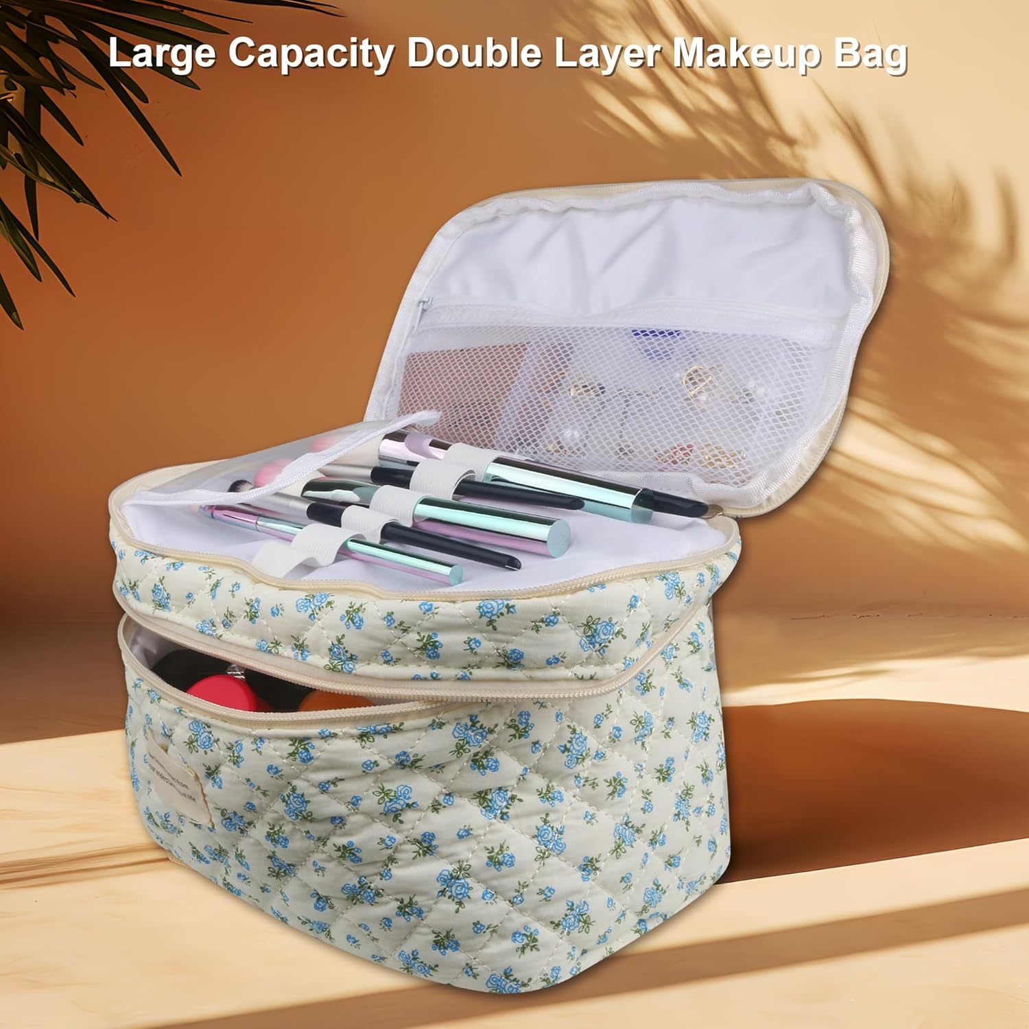 Cute Makeup Bag for Women(3 Pcs), Quilted Floral Coquette Aesthetic Make up Bags, Travel Cosmetic Bags Toiletry Organizer Bag, 12 - Blue Rose image number 5