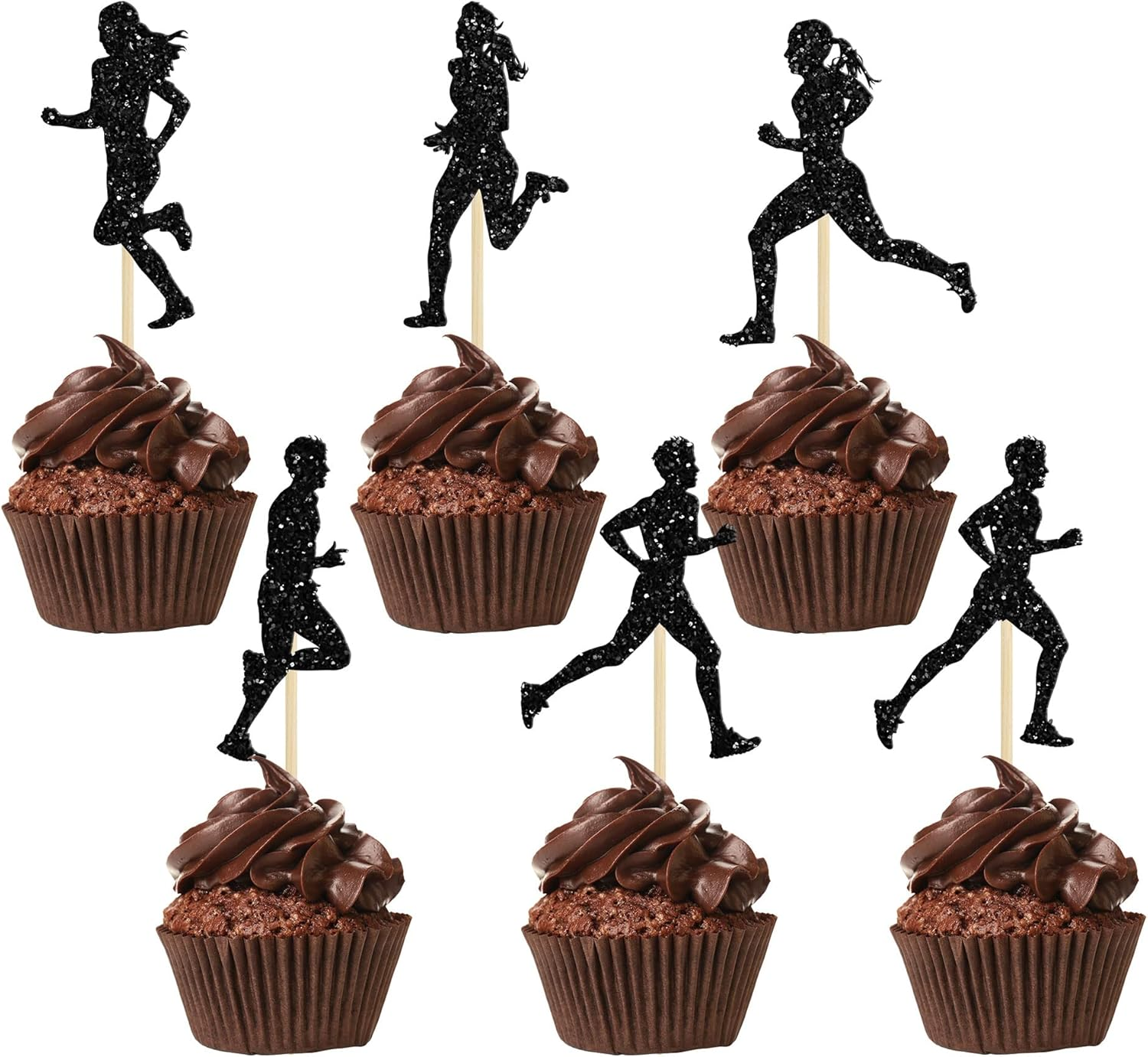 24Pcs Running Cupcake Toppers Black Glitter Sports Fitness Cupcake Picks for Running Theme Boys Girls Birthday Party Cake Decorations Supplies image number 5