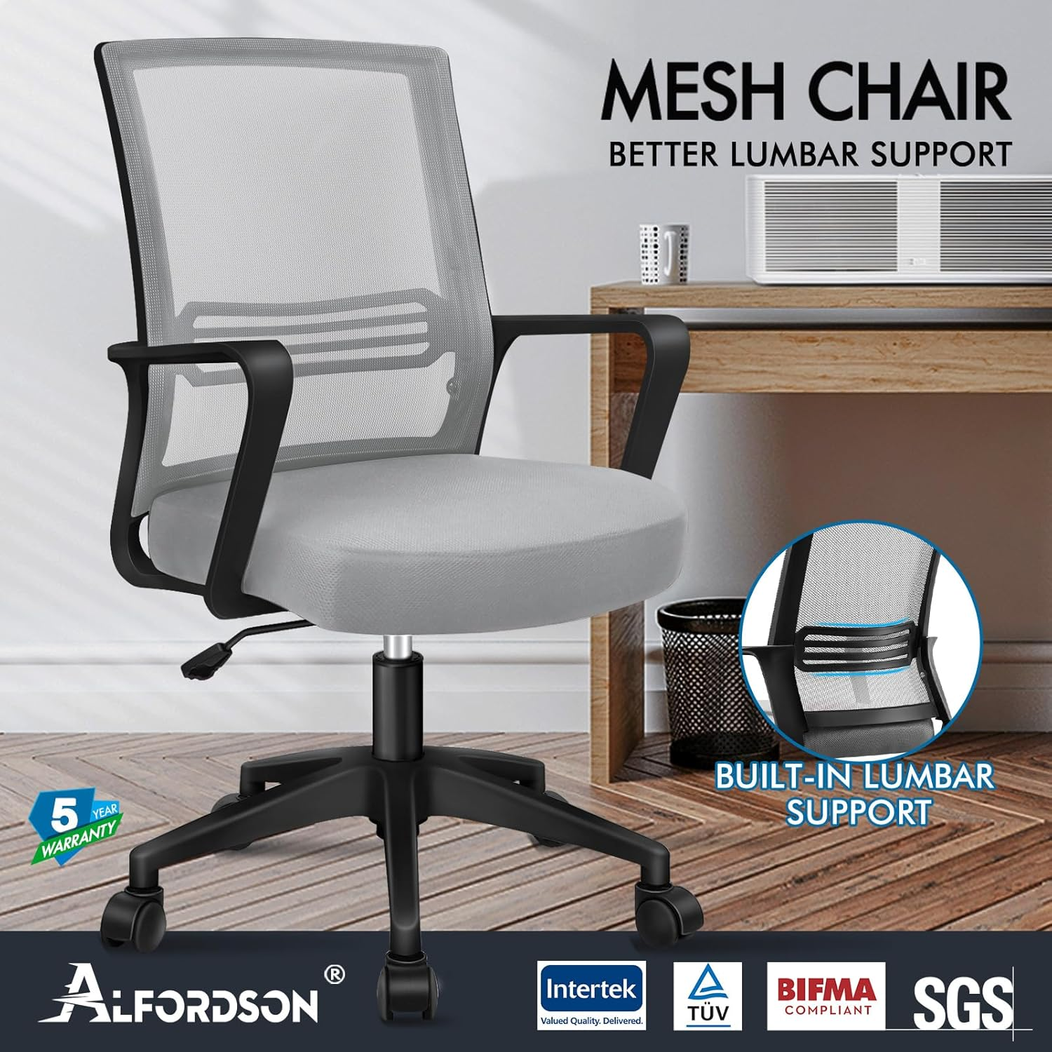 ALFORDSON Mesh Office Chair with Sgs-Approved Gas-Lift, Mid Back Executive Computer Desk Chair, Fabric Seat Gaming Racing Chair, Max 180Kg Loading(Fina Black Grey) - White Black image number 3