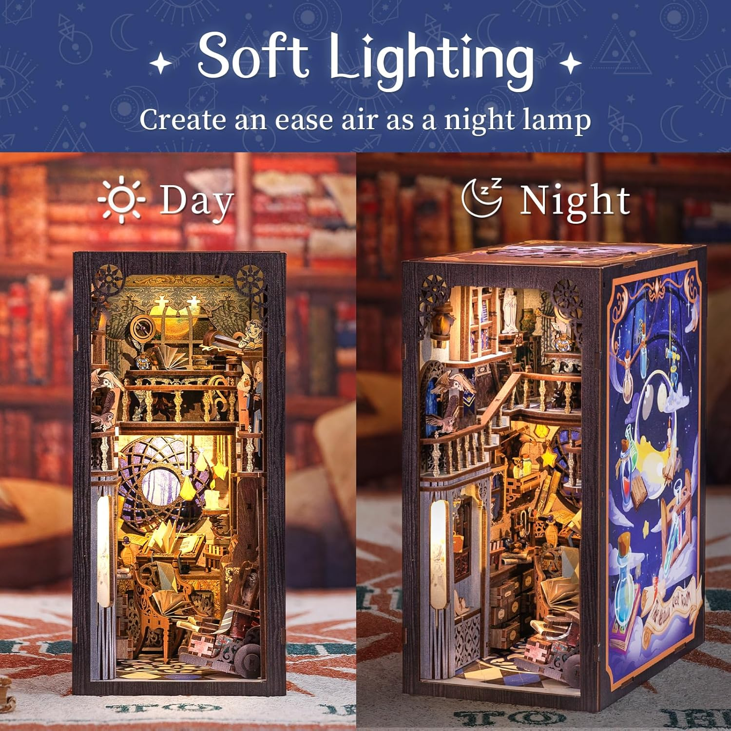 CUTEBEE DIY Book Nook Kit, 3D Wooden Puzzle Bookends DIY Dollhouse Miniature House Kit Bookshelf Decor Booknook Model Kit Book Nook Kits for Adults (Nebula Common Room) image number 4