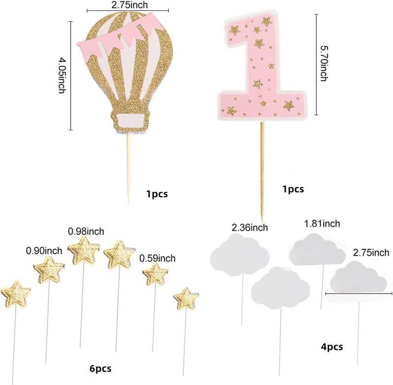 12 Pack Hot Air Balloon Cake Topper with White Cloud Little Stars for Boys First Birthday Party Decorations (Pink) image number 5