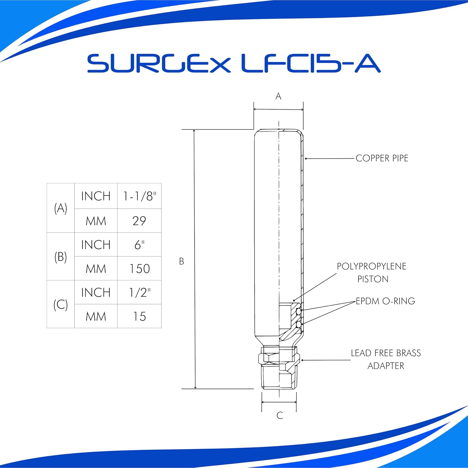 Water Hammer Arrester Surgex LFC15-A 1/2" DN15 BSP Lead Free image number 1