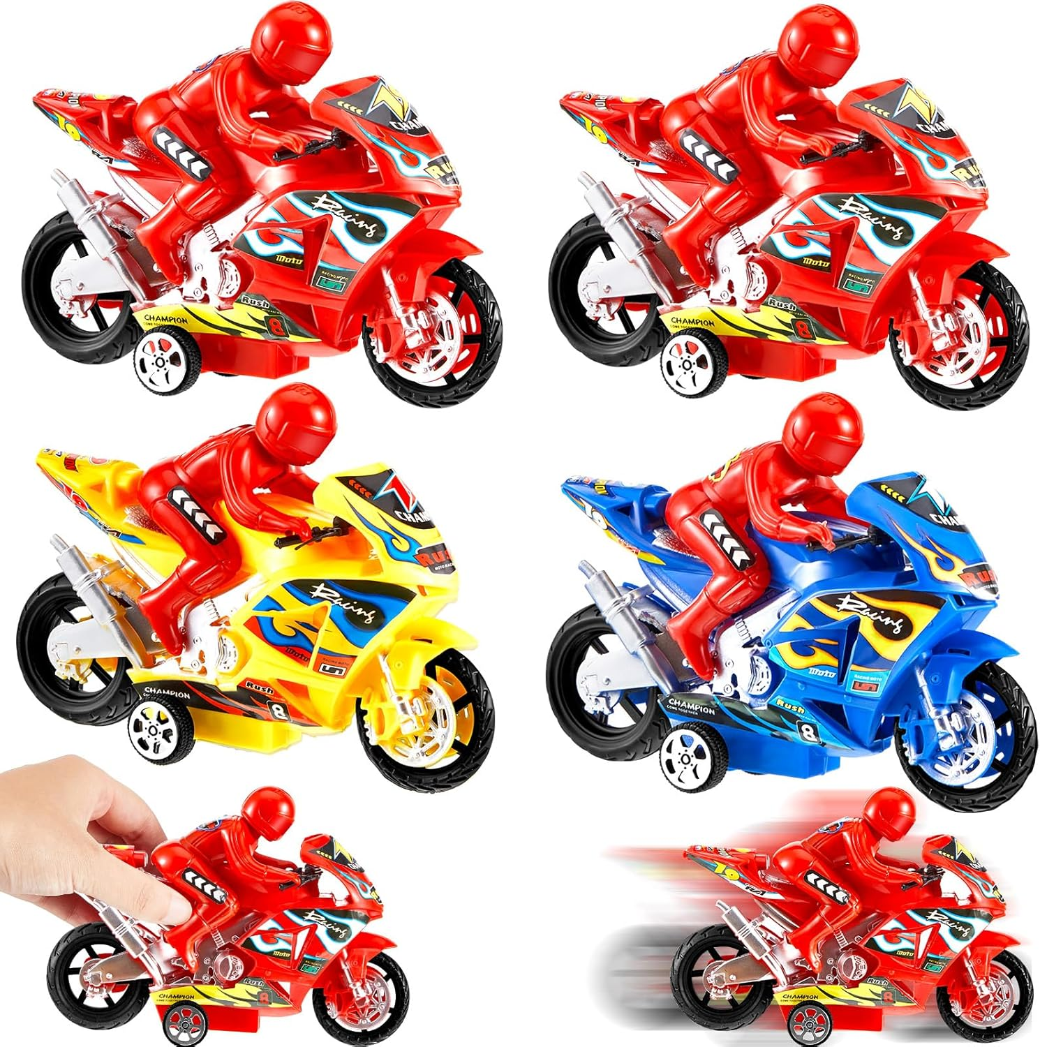 Civaner 4 Pieces Motorcycle Toys Set Miniature Motorbike Toys Plastic Friction Motorcycles Push and Go Friction Powered Toy Motorbikes for Birthday Party Favors Supplies Cake Toppers, Random Colors image number 4