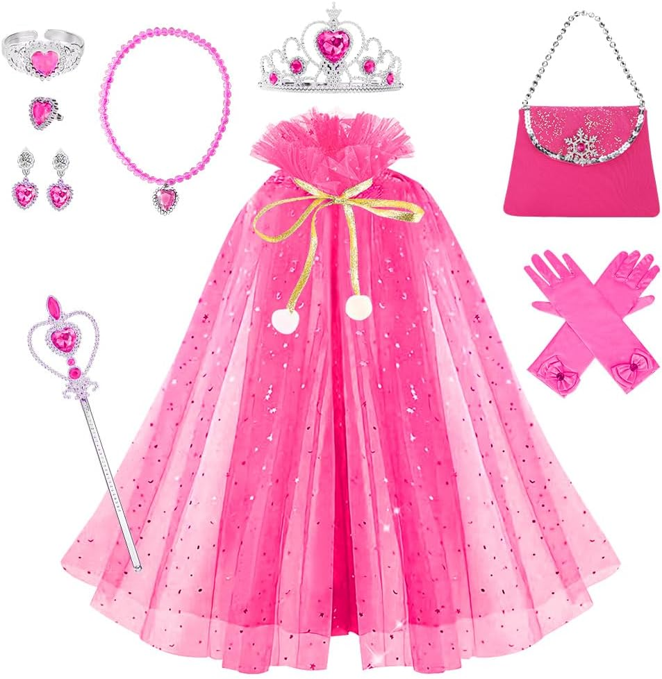 Slowton Princess Cape Set - 11 Pieces Princess Cloak with Handbag Tiara Crown Wand Gloves Jewelry - Princess Dress up Costume for Halloween Cosplay Christmas Birthday Party, Aged 3-8