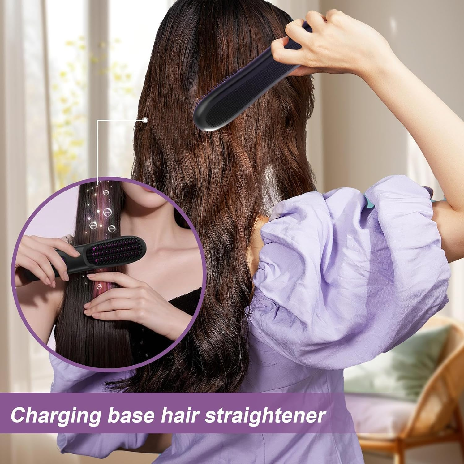 Straightening Brush, Ionic Hot Straightener Brush, Portable Grooming Straightening Tools with 3-Temperature for Salon Travel Home Morning Routine Trip image number 6