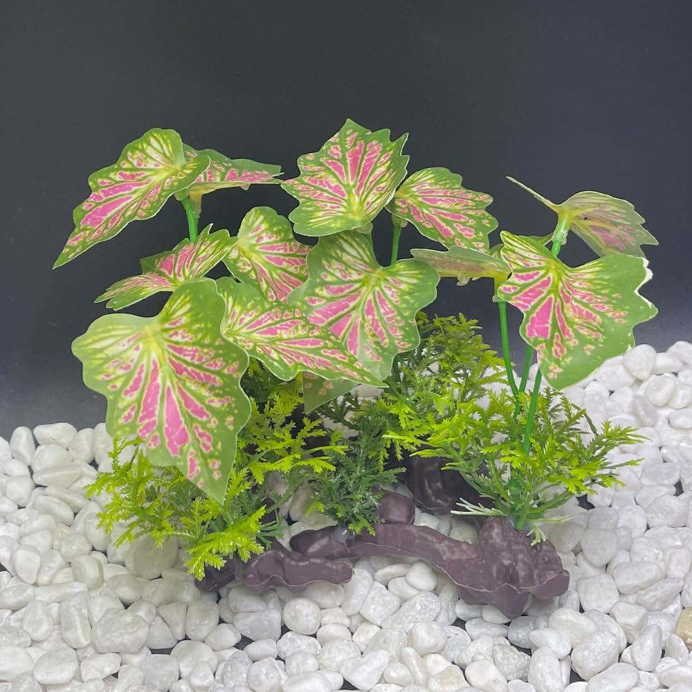 Smoothedo-Pets Aquarium Plants Fish Tank Decorations Small Plastic Artificial Plant Goldfish Waterscape Fish Hides (Rainforest Leaf-Pink-Small-Set)