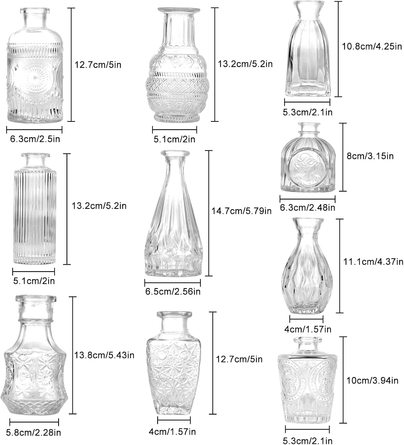 Bud Vases, 10-Piece Transparent Vases, Decorative Table Glass Vases for Flowers, Small Vintage Vase, Center Decoration, Suitable for Flower Arrangement, Party, Wedding image number 3