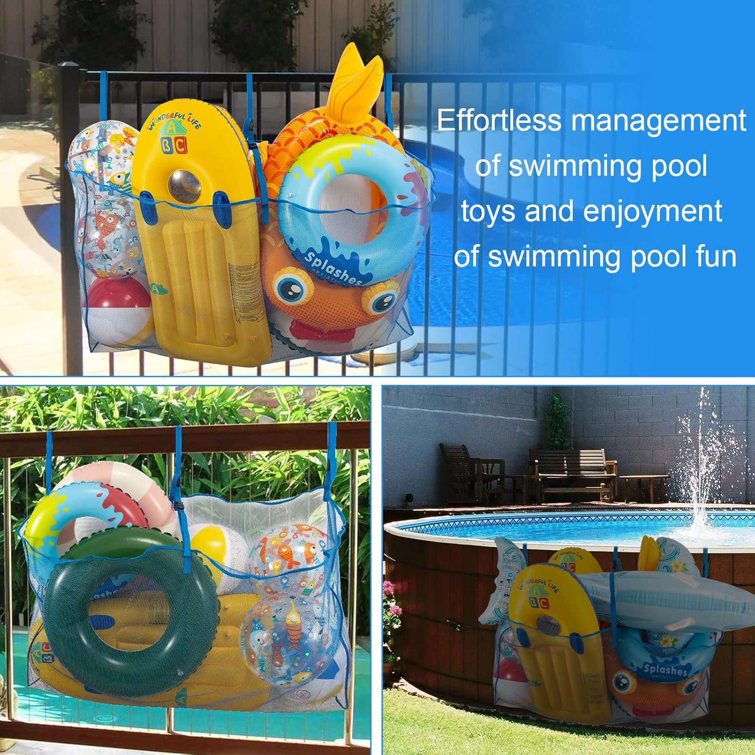 Pool Float Toys Storage Bag,Pool Float Organizer Hanging Mesh Bag for Balls,Floats,Water Inflatable Toy,High Strength Pool Toy Storage Net Bag,Swimming Pool Accessories (Blue) - Blue image number 6