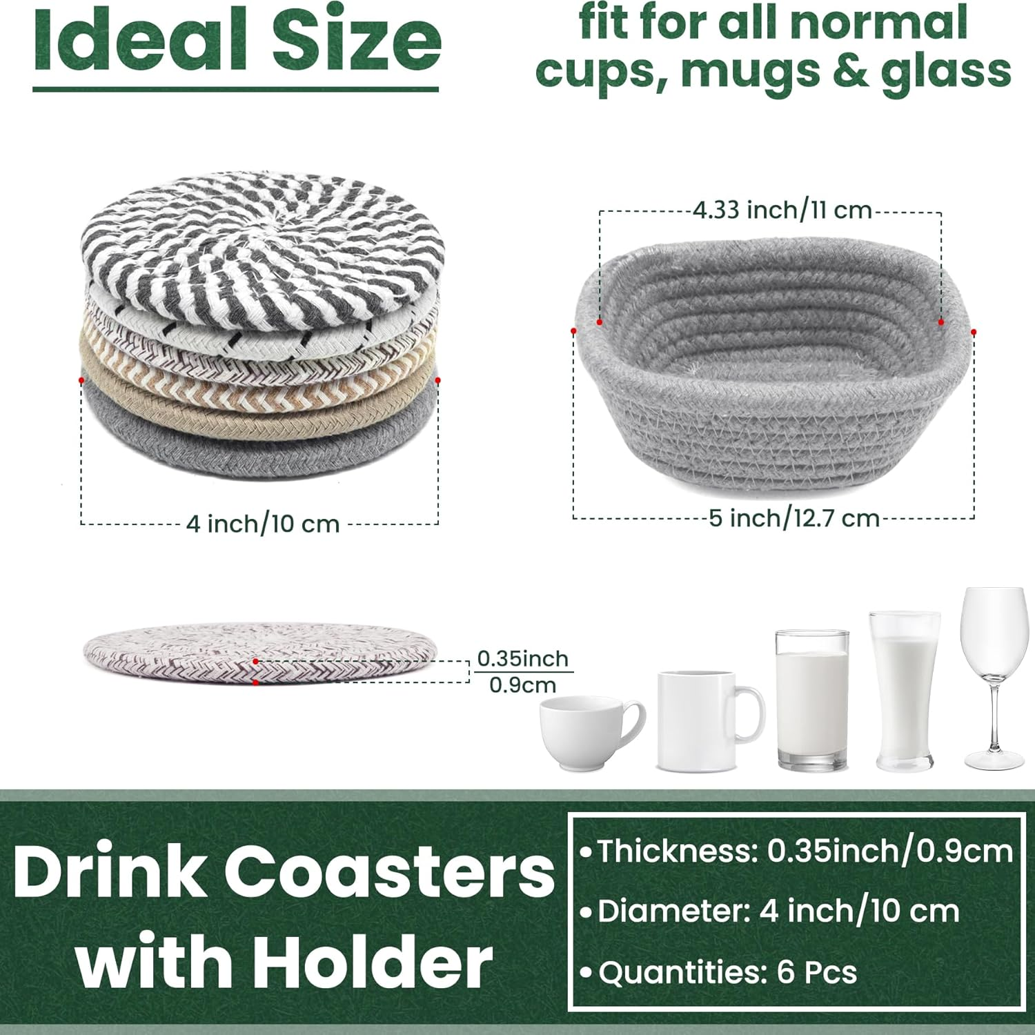 Drink Coasters with Holder, Thick Woven Drinking Coasters for Kinds of Cups, Absorbent Coaster Sets for Tabletop Protection, Home Decor for Table, Coasters Set of 6 image number 6