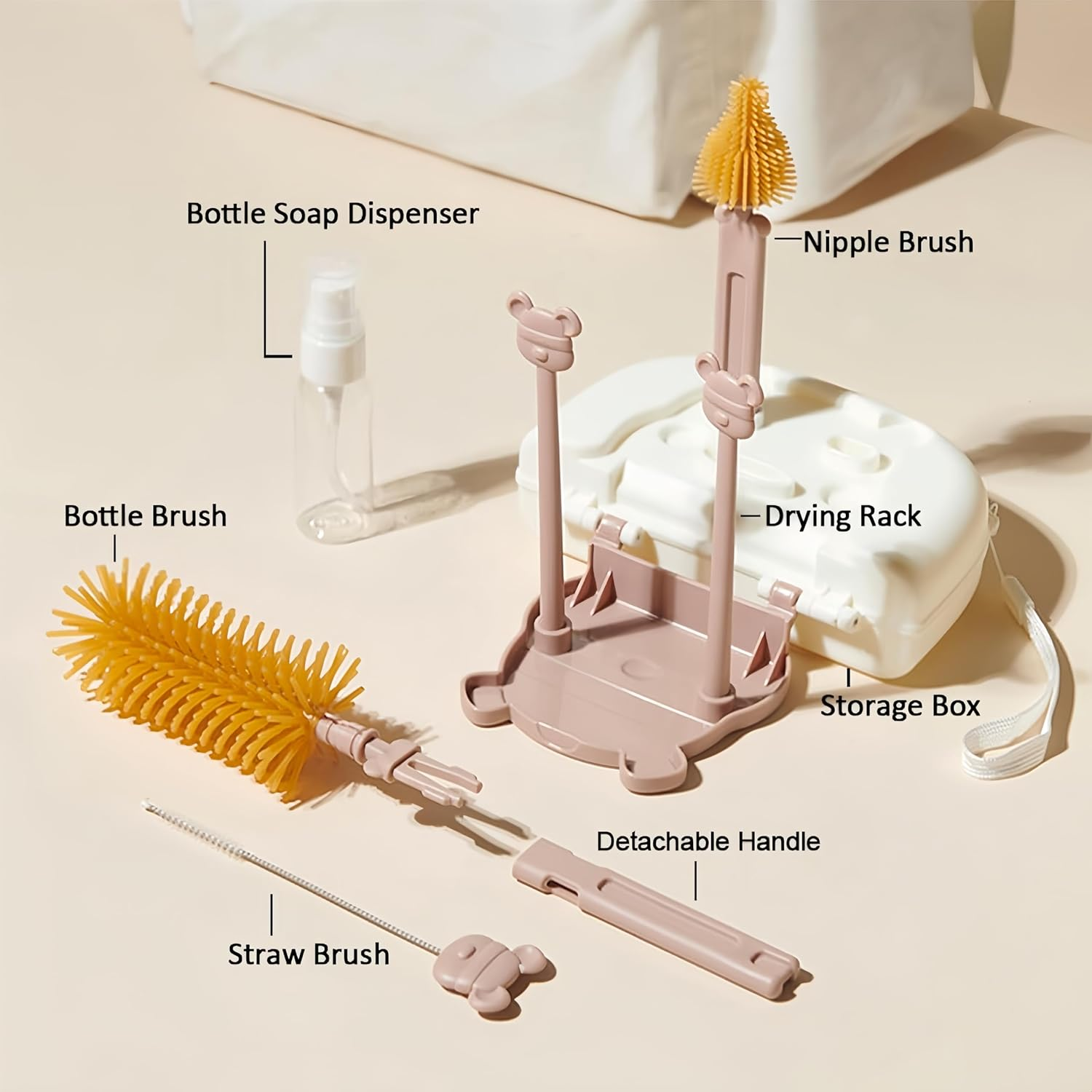 Baby Bottle Cleaning Brush 7 in 1 Bottle Washer Drying Rack Straw Cleaner Brush Kit Silicone Bottle Brush Baby Travel Essentials image number 2