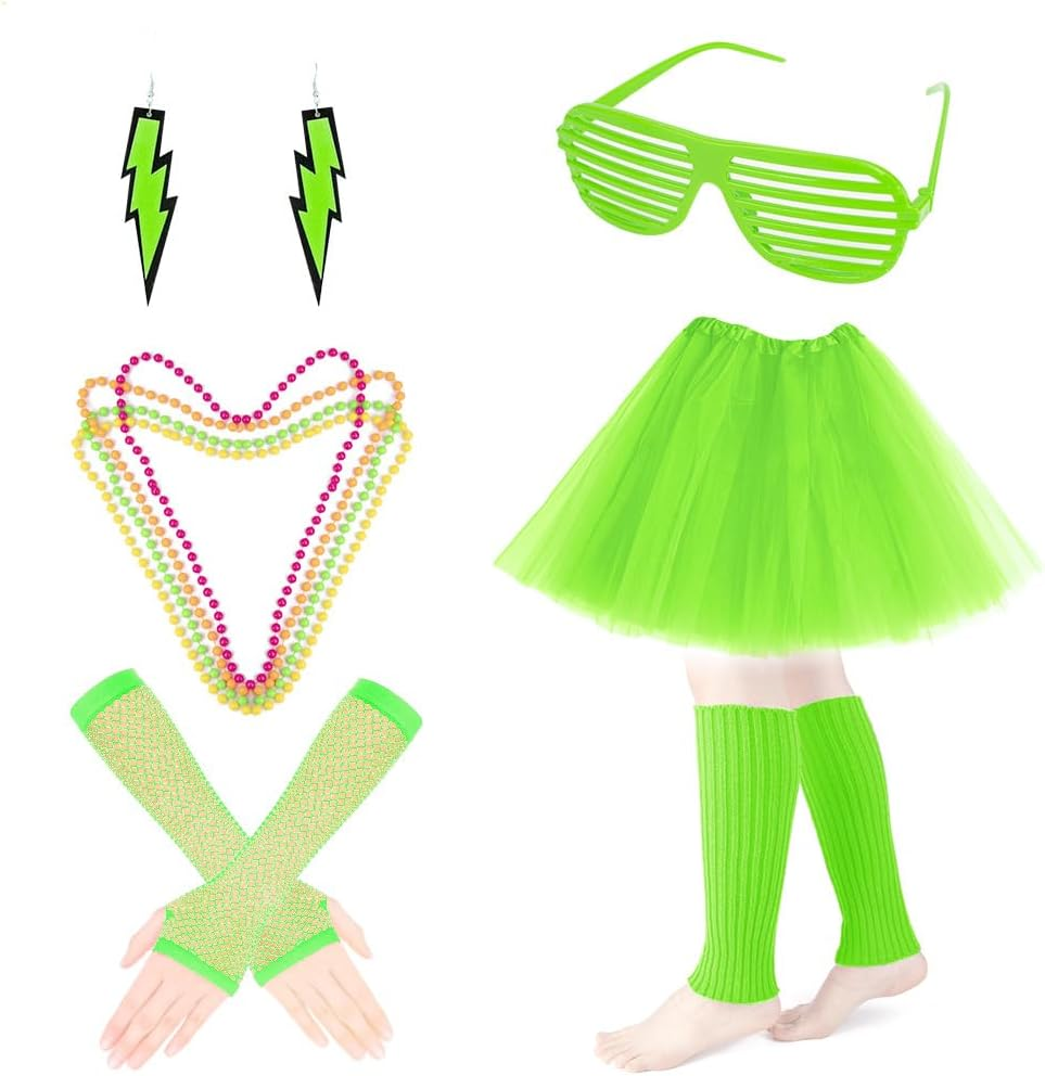 AUTOWT 80S Costumes for Women, 6 Packs 80S Accessories Set with Fishnet Gloves Earrings Necklaces Leg Warmers, Tutu Skirts for 1980S Theme Party Outfits - Black image number 4