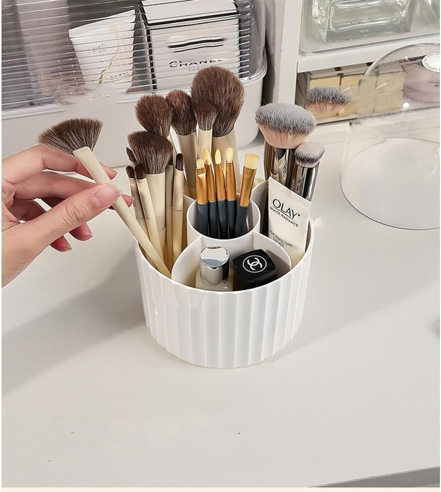 Large Capacity Makeup Brush Holder, 5 Slot Make up Brushes Cup, Cosmetic Storage Box Makeup, 360&deg; Rotating White Makeup Organizer, Makeup Brush Holder Organizer,Rotating Cosmetic Organizer (Black) - White image number 5