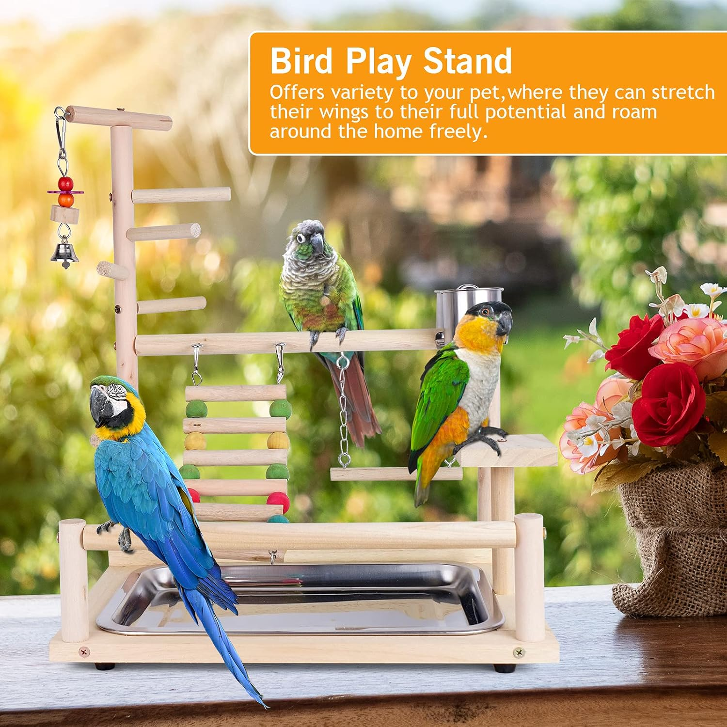 Bird Play Stand, Wooden Bird Playground for Parrots, Parakeet, Cockatiel, Lovebirds, Conures, Budgie, Cockatoos (14.57 * 10.24 * 17.32IN) image number 5